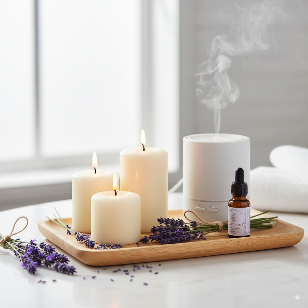 Entspannende Szene mit Kerzen und Lavendel für tägliche Stressreduktion