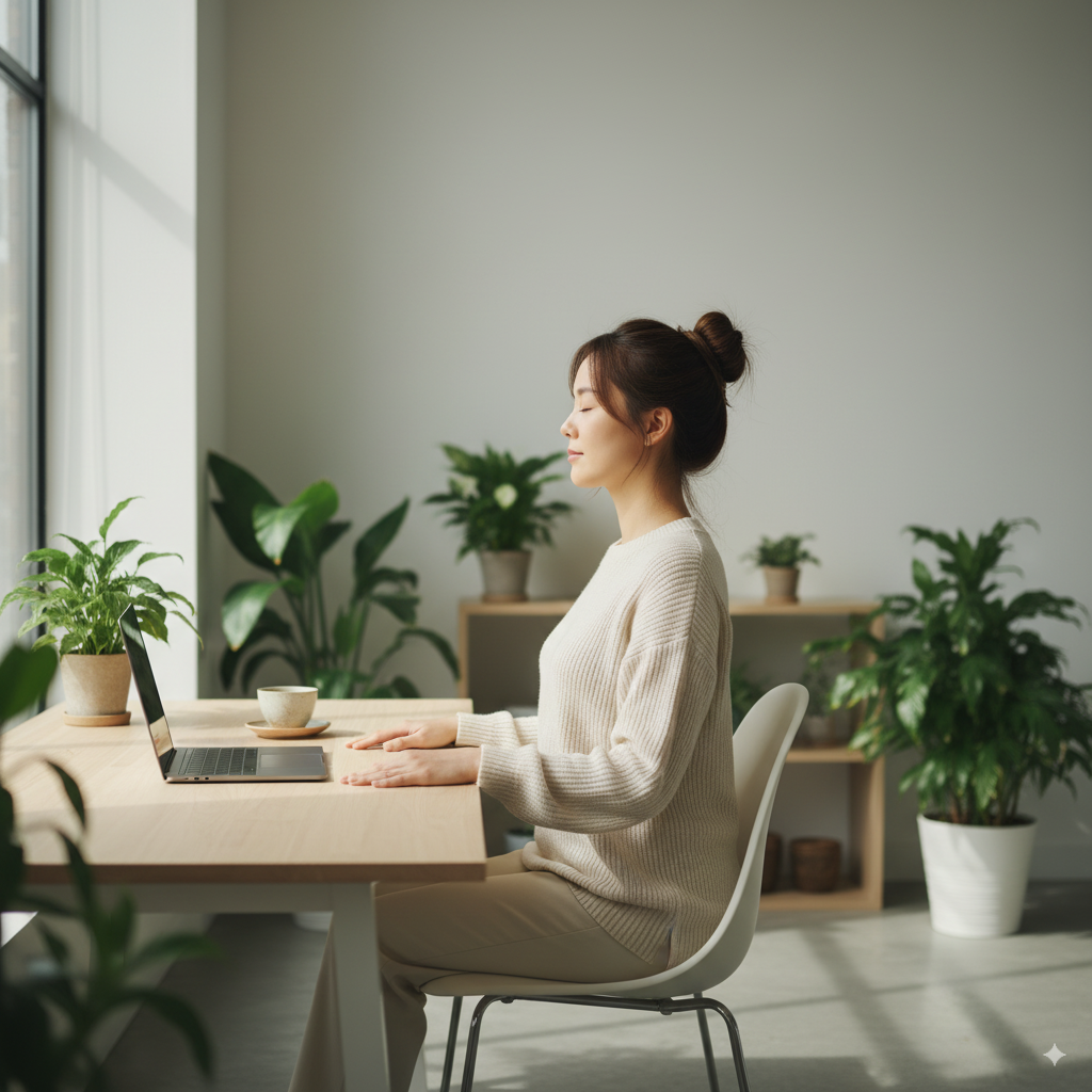 Frau meditiert im Büro für mehr Achtsamkeit und Produktivität.