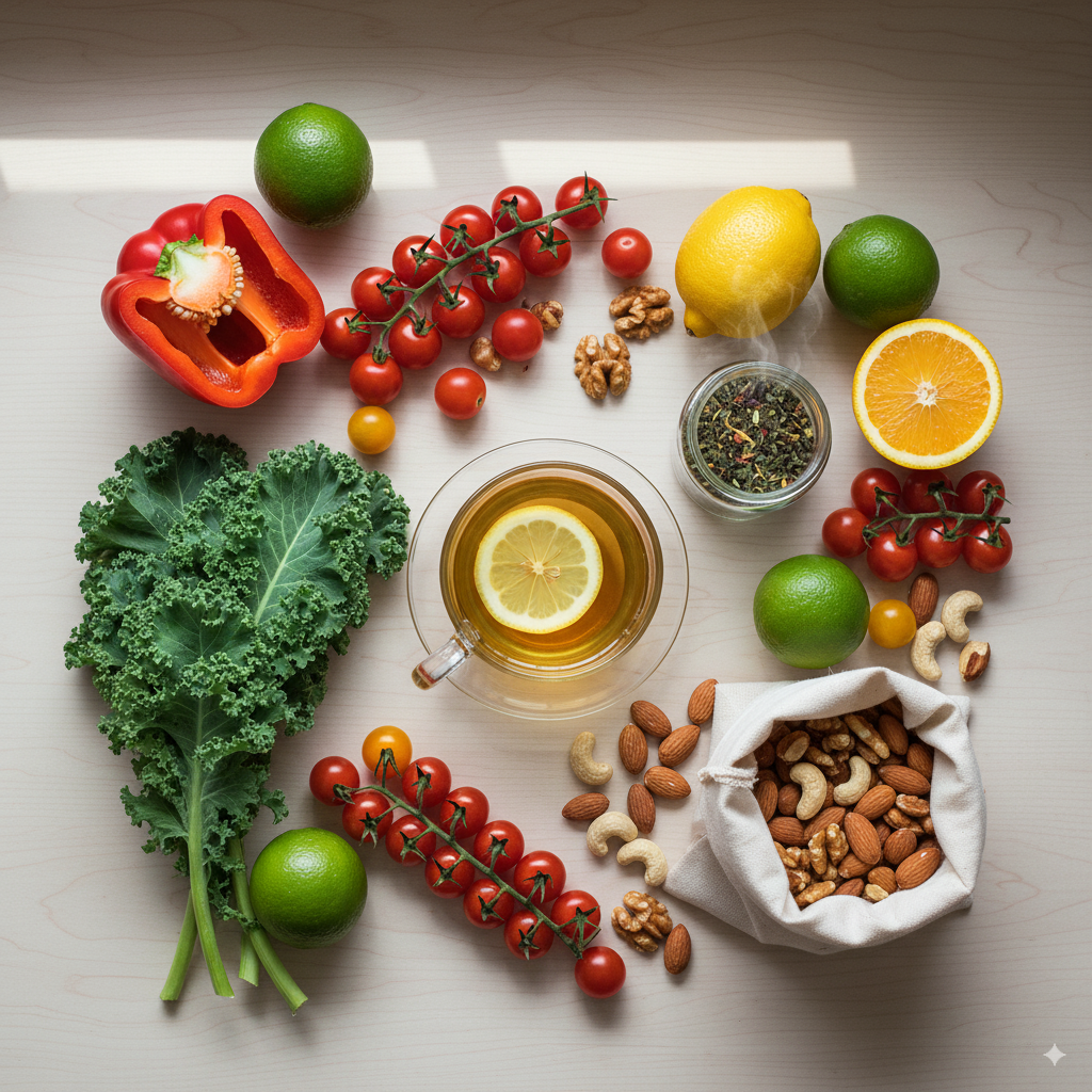 Frisches Obst, Gemüse und Nüsse – stressabbauende Lebensmittel für mehr Gelassenheit.