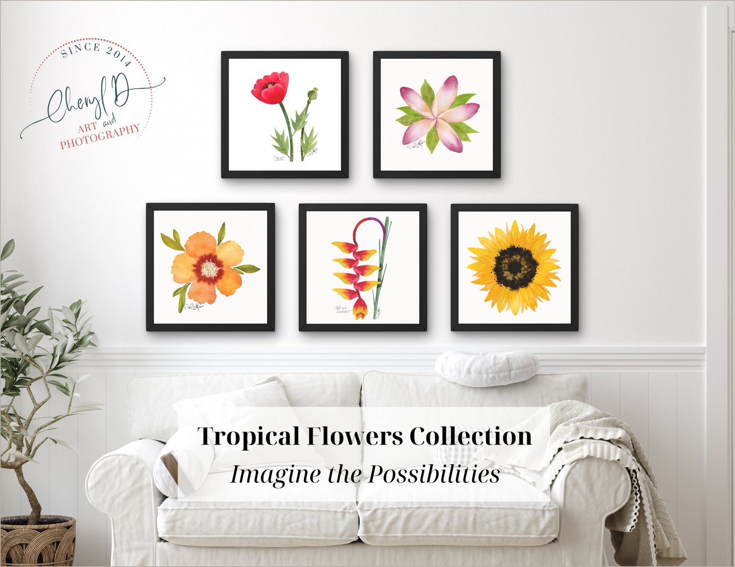 Collection of five square watercolor prints of flower blooms. Arranged on a wall above a white loveseat.
