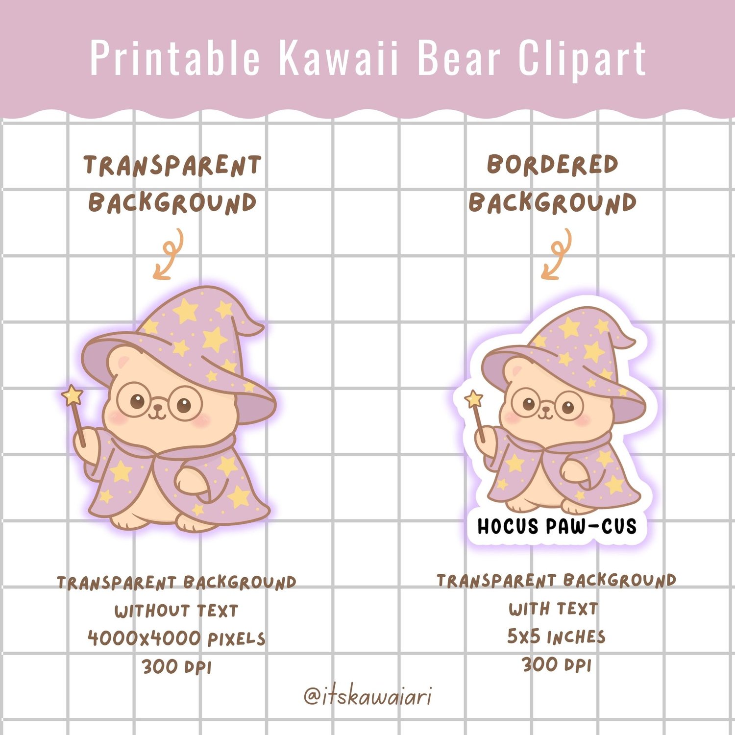 Kawaii witch bear sticker with hat and robe, hand drawn PNG