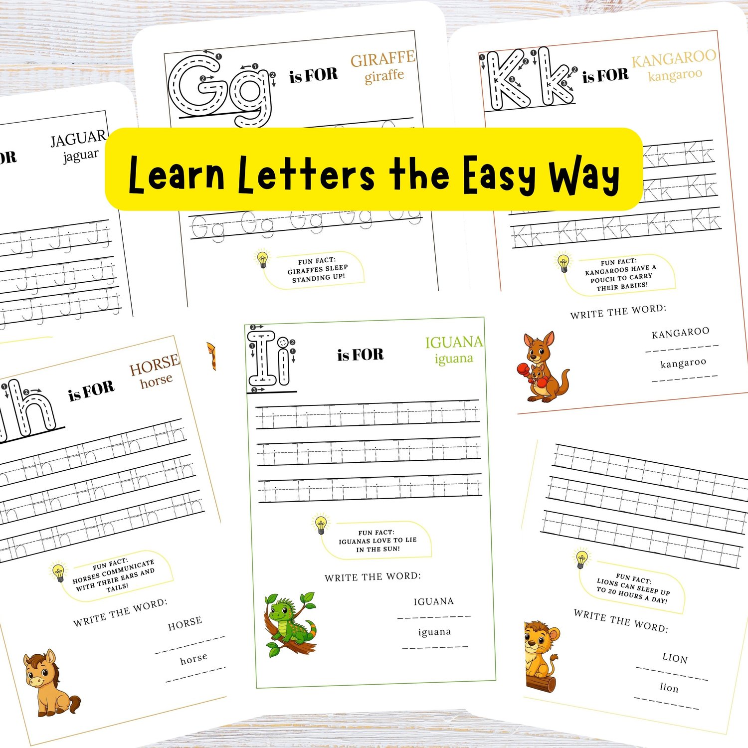 Collection of ABC tracing pages featuring uppercase and lowercase practice with animal names and facts. A fun way for kids to learn letters and build confidence in writing.