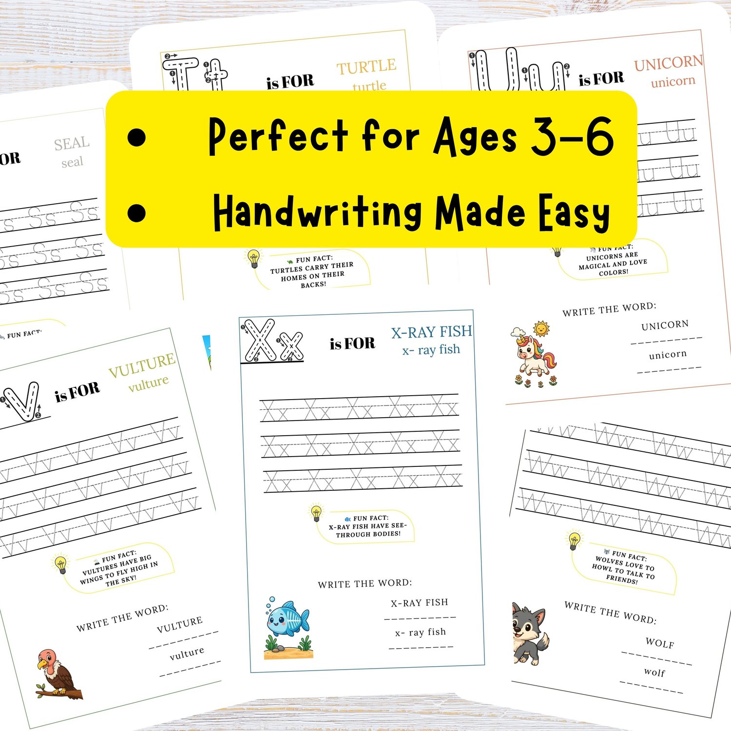 ABC tracing worksheets for ages 3–6 featuring animals and handwriting lines for each letter. Helps children develop fine motor skills and letter recognition through engaging content.