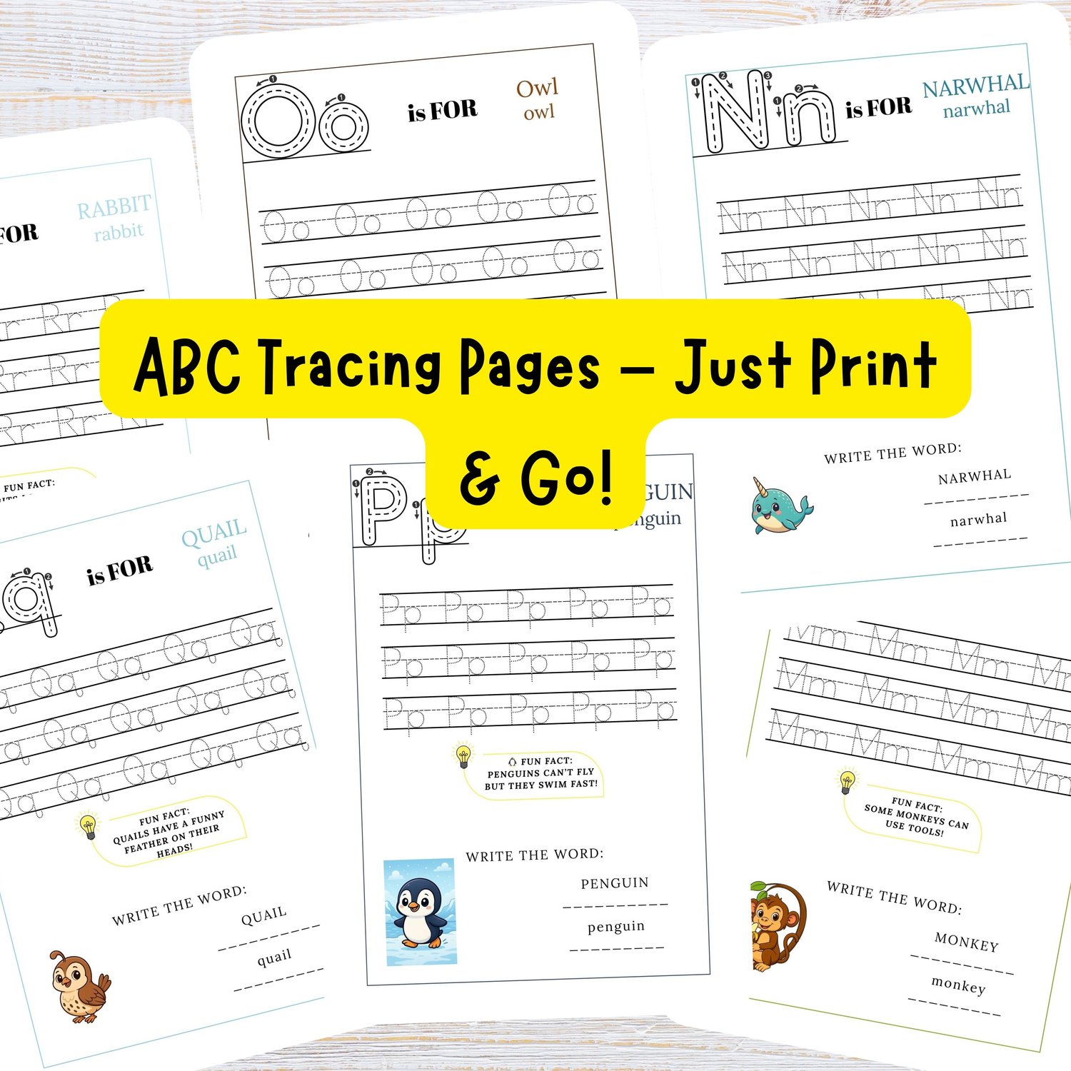 Printable ABC tracing worksheets with letter practice and animal-themed vocabulary like owl, monkey, and narwhal. Perfect for quick, no-prep alphabet learning.