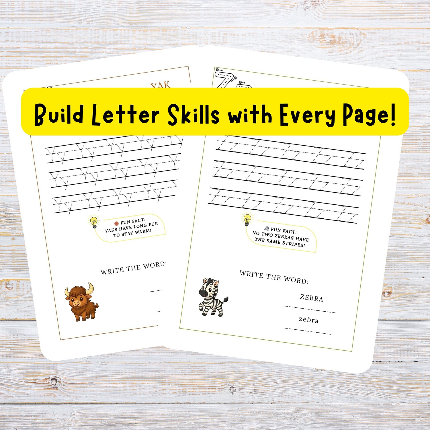 ABC tracing worksheets featuring the letters Y and Z with yak and zebra illustrations. Each page includes fun animal facts to help kids build letter skills while tracing.
