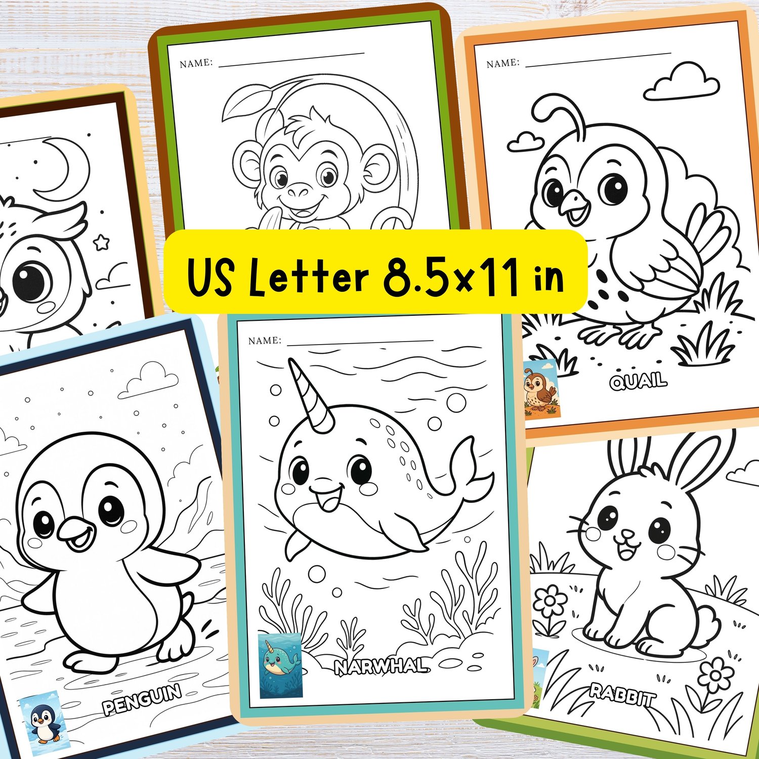 US Letter 8.5x11 Animal Alphabet Coloring – penguin, narwhal, quail and rabbit ABC worksheets for preschool and kindergarten