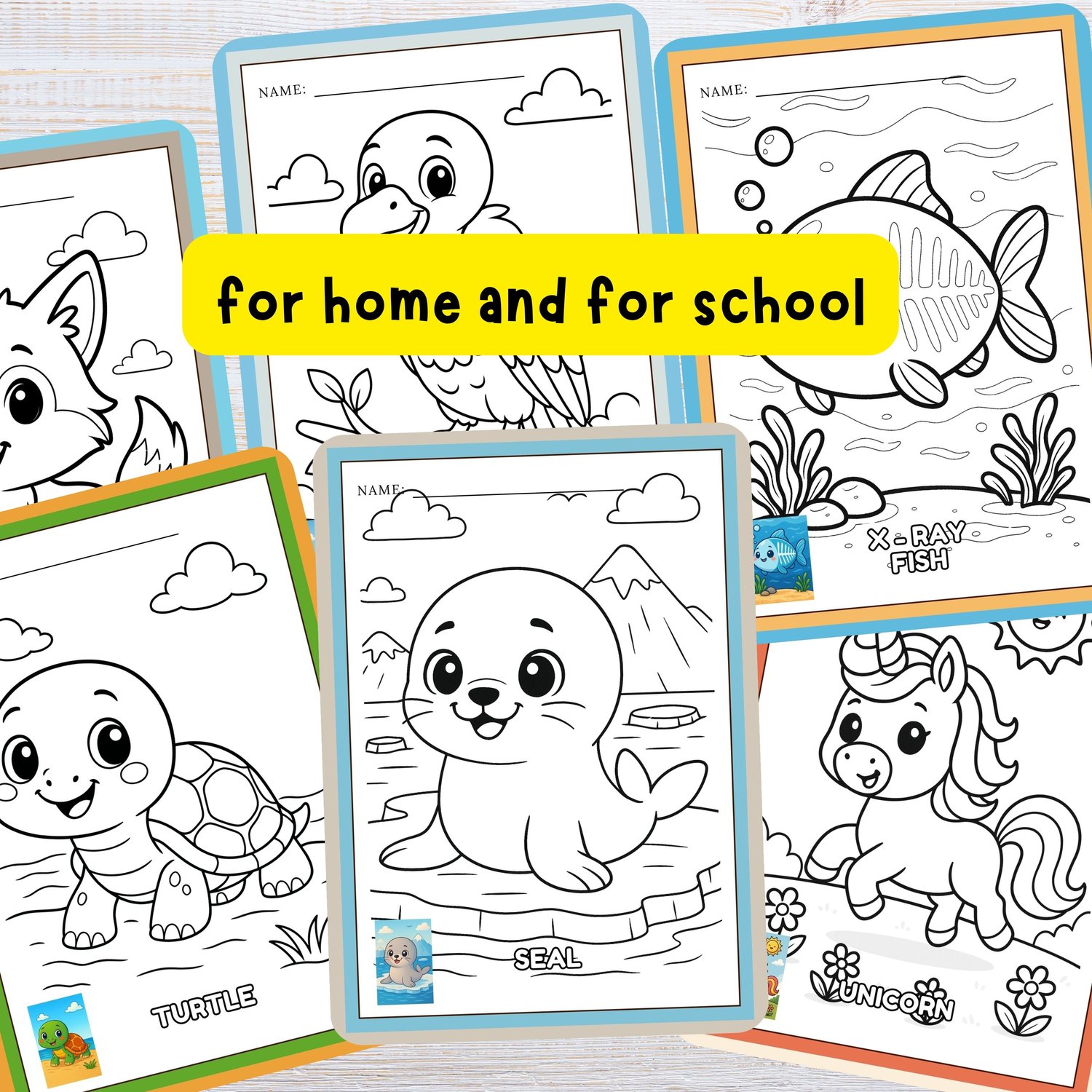 Animal Alphabet Coloring Pages A–Z printable – cute turtle, seal, unicorn, bird and x-ray fish pages; for home and for school learning