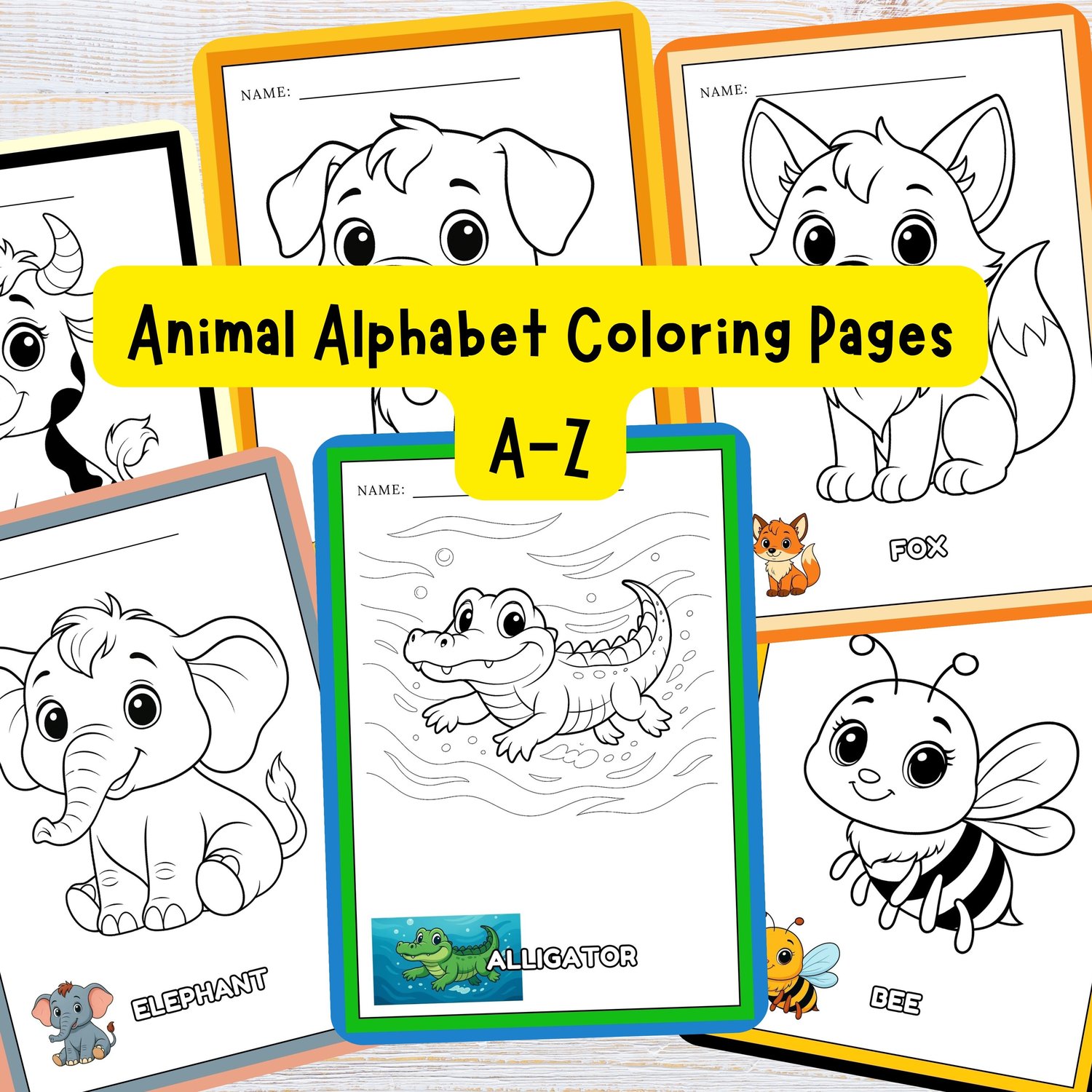 Animal Alphabet Coloring Pages A–Z – elephant, alligator, fox and bee printable ABC worksheets for early learning