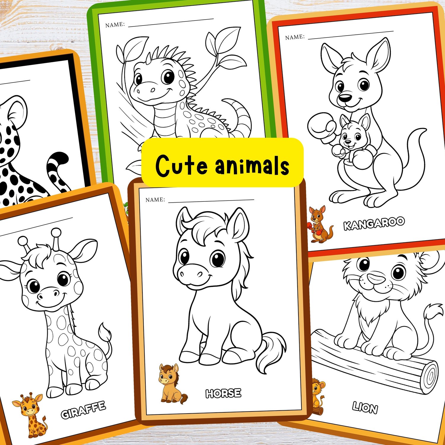 Cute animals alphabet coloring pages – giraffe, horse, kangaroo and lion A–Z printable ABC worksheets for kids