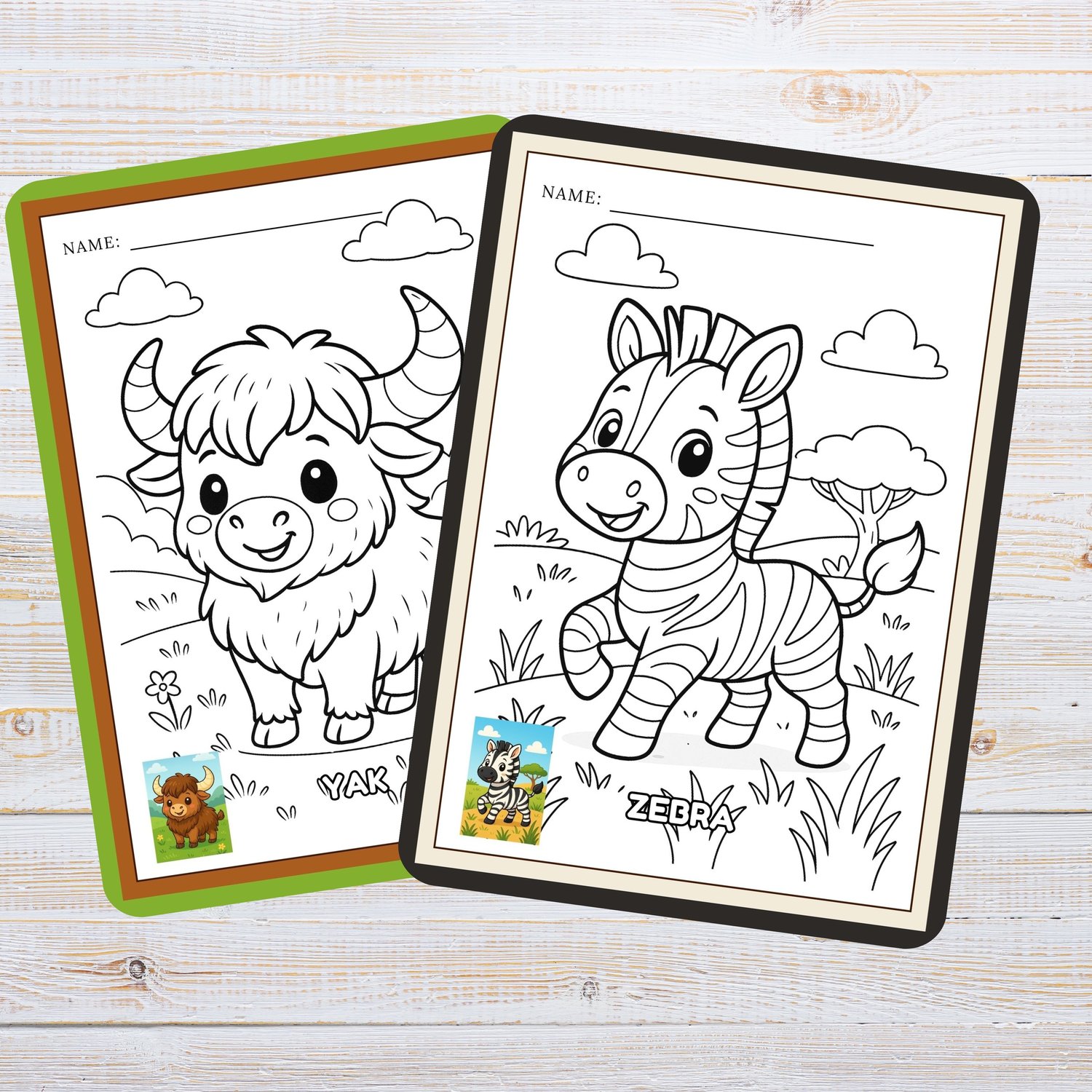 Yak and zebra alphabet coloring pages – A–Z animal ABC printable worksheets for kids, classroom and homeschool