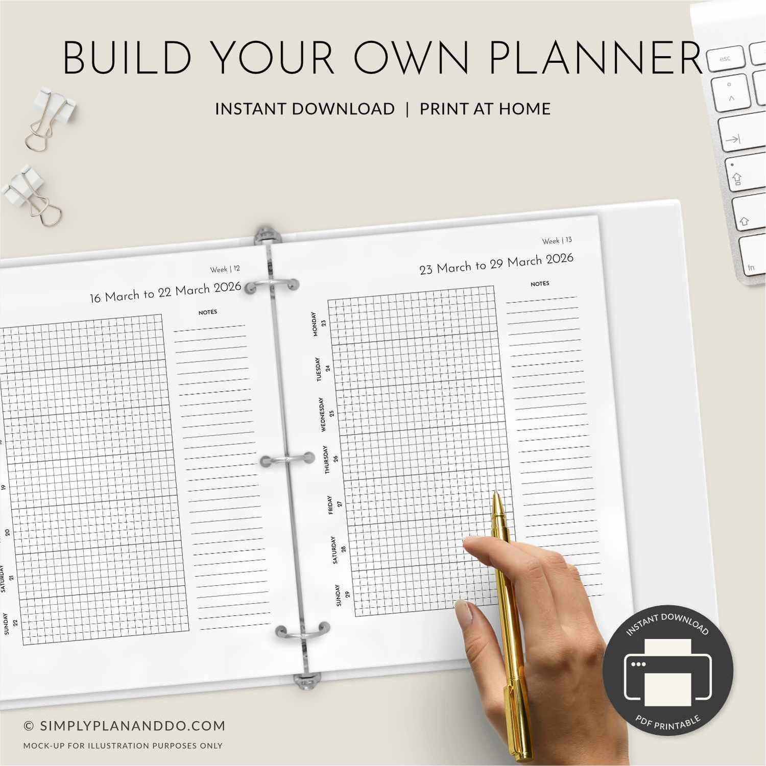 Planner Grid Line 2026 Dated Weekly Planner Printable - portrait, horizontal, grid style