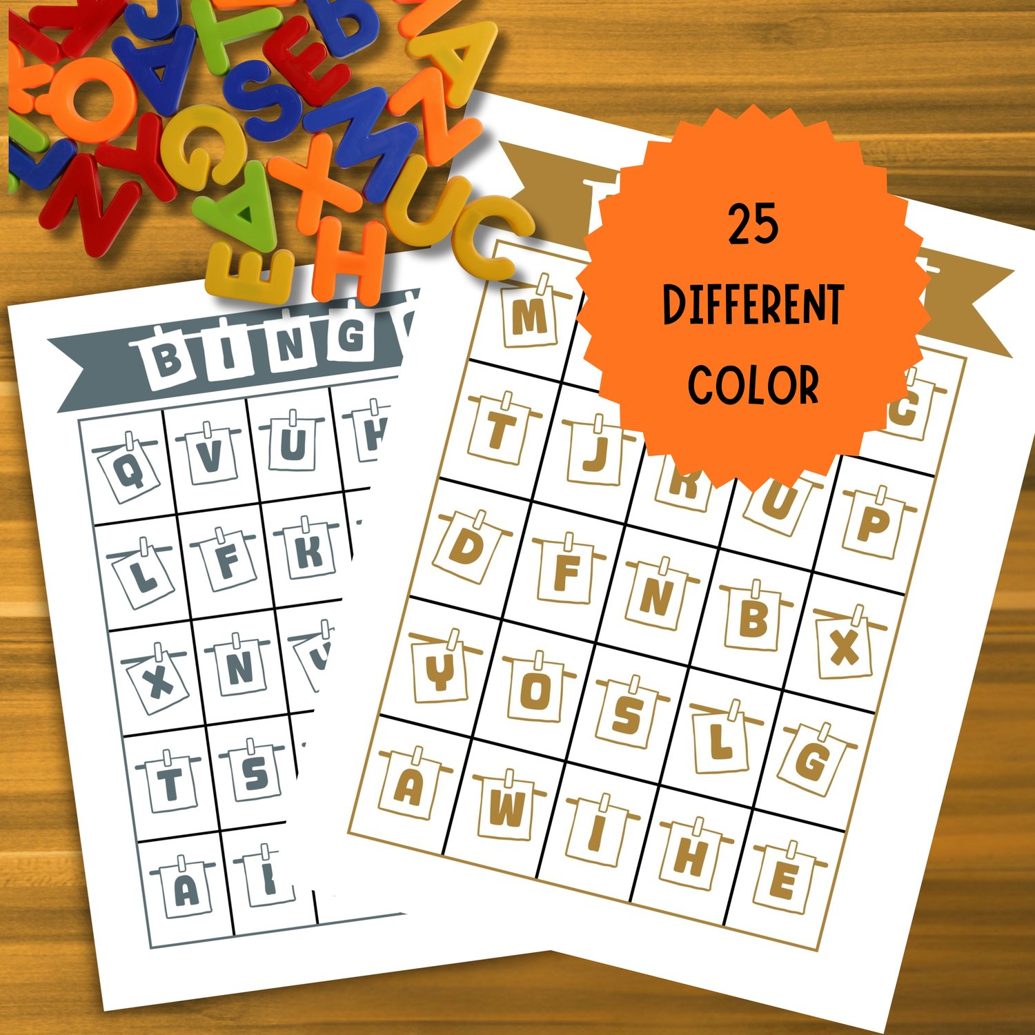 Two bingo cards in gray and gold, with orange label reading "25 Different Color." Highlights the variety of printable alphabet bingo cards included in the set.