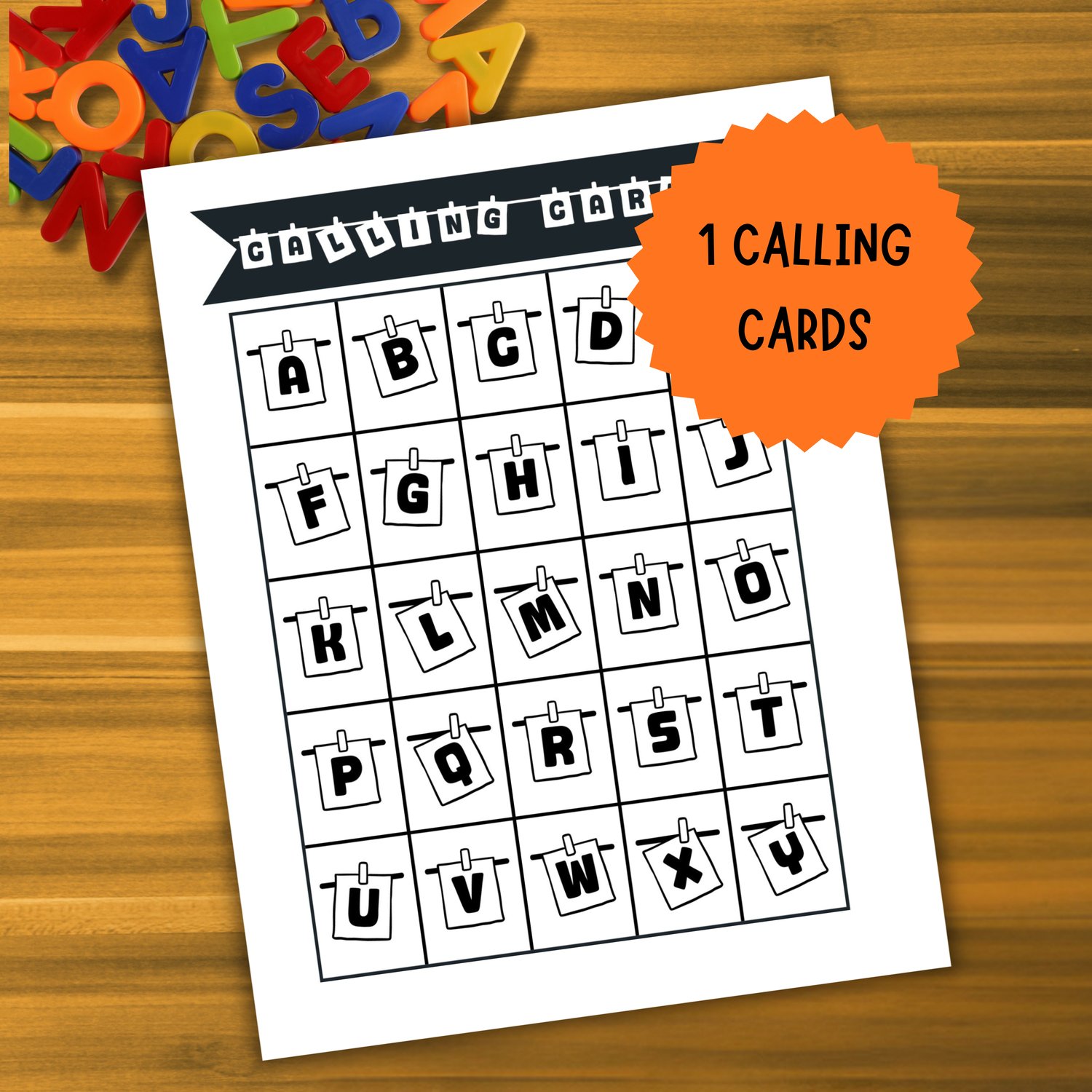 Black and white calling card with all 26 uppercase letters displayed in a grid under a banner labeled "Calling Cards." Part of the printable alphabet bingo cards set.