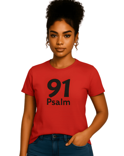 Red unisex t-shirt with Psalm 91 faith graphic displayed on a clean background, styled for women of faith.