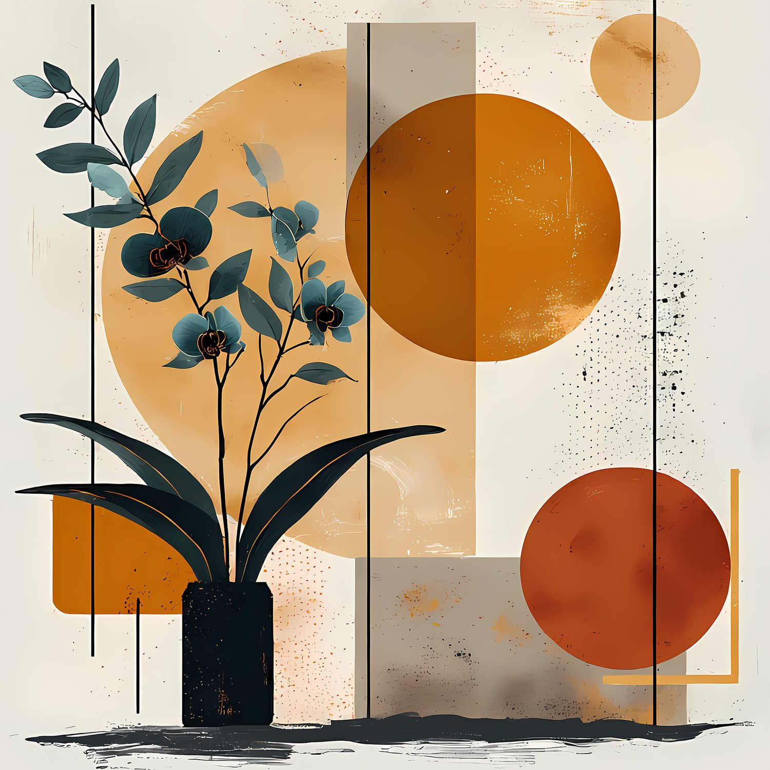 boho abstract geometric art, minimalist illustration, earthy warm tones (terracotta, mustard, beige, charcoal), a Teal-Dyed Orchid flower in a beautiful Boho vase, for contrast, overlapping circles and rectangles, textured white background, like canvas, m