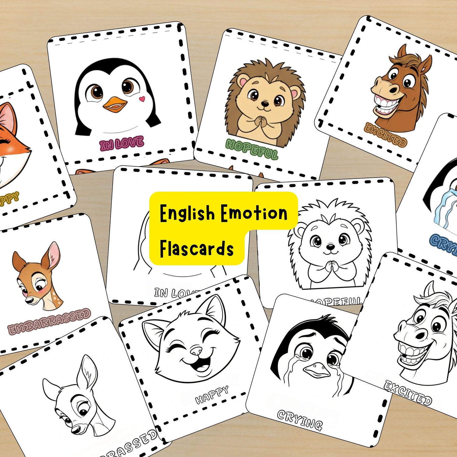 English animal emotion flashcards for kids with cute characters expressing different feelings.