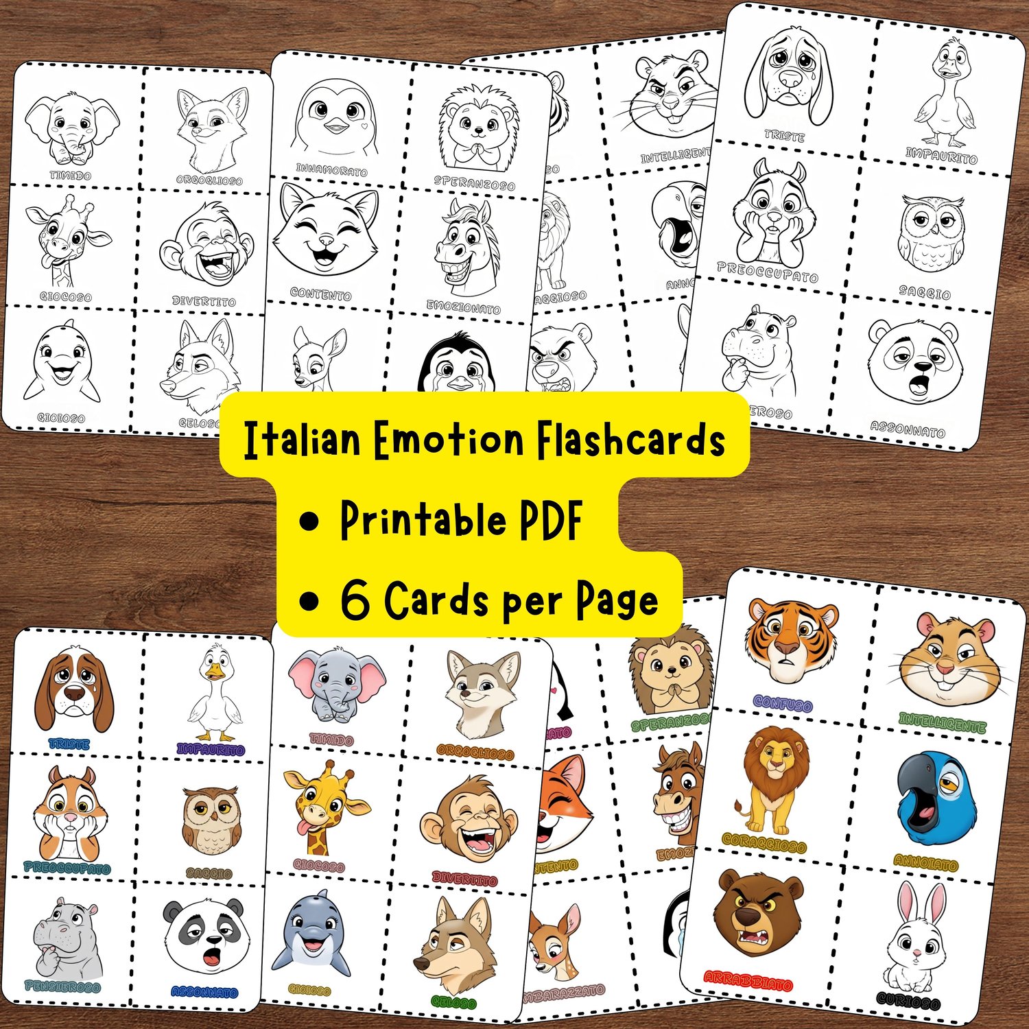 Printable Italian animal emotion flashcards PDF with six cards per page in color and outline versions.