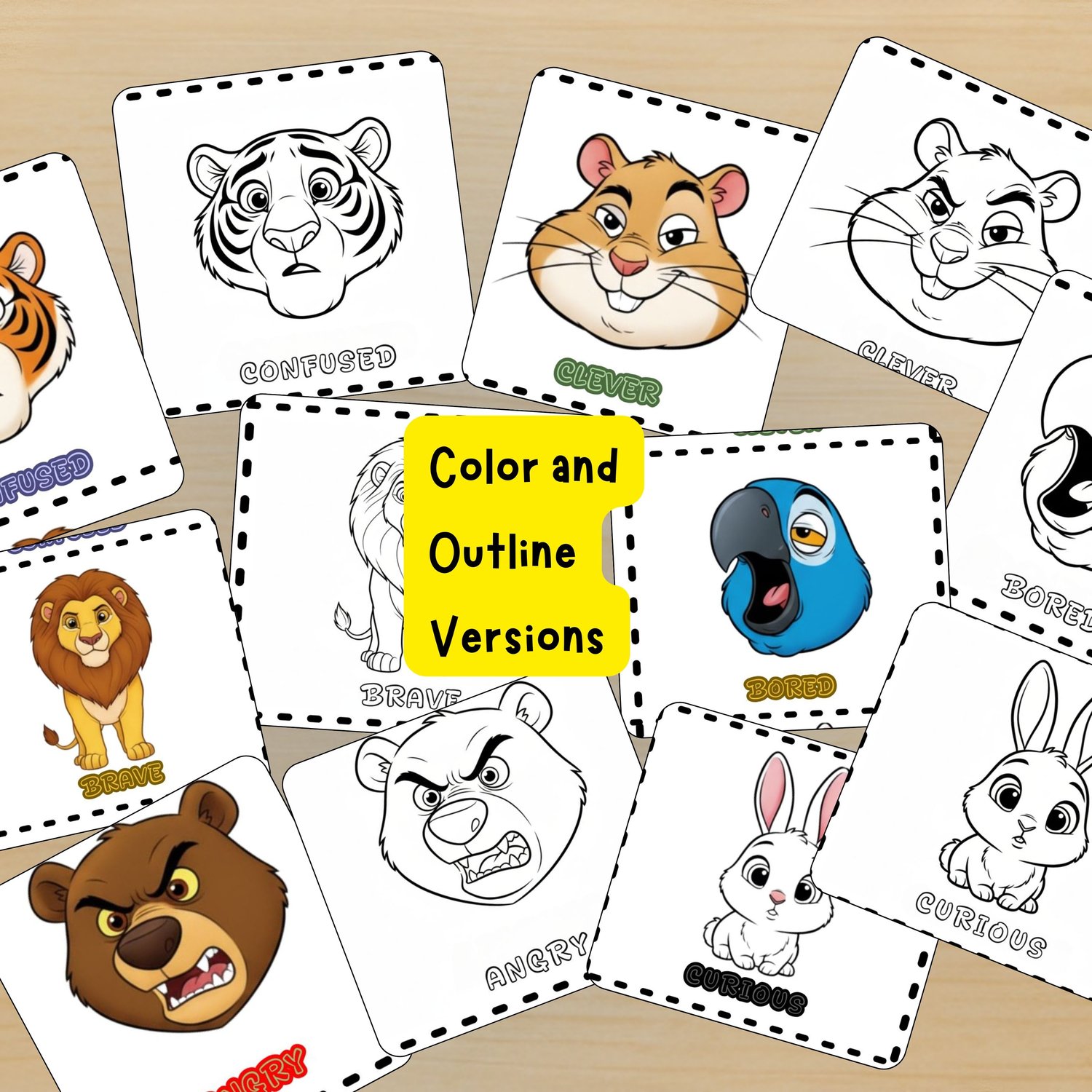 Printable animal emotion flashcards in color and outline versions showing different feelings for kids.