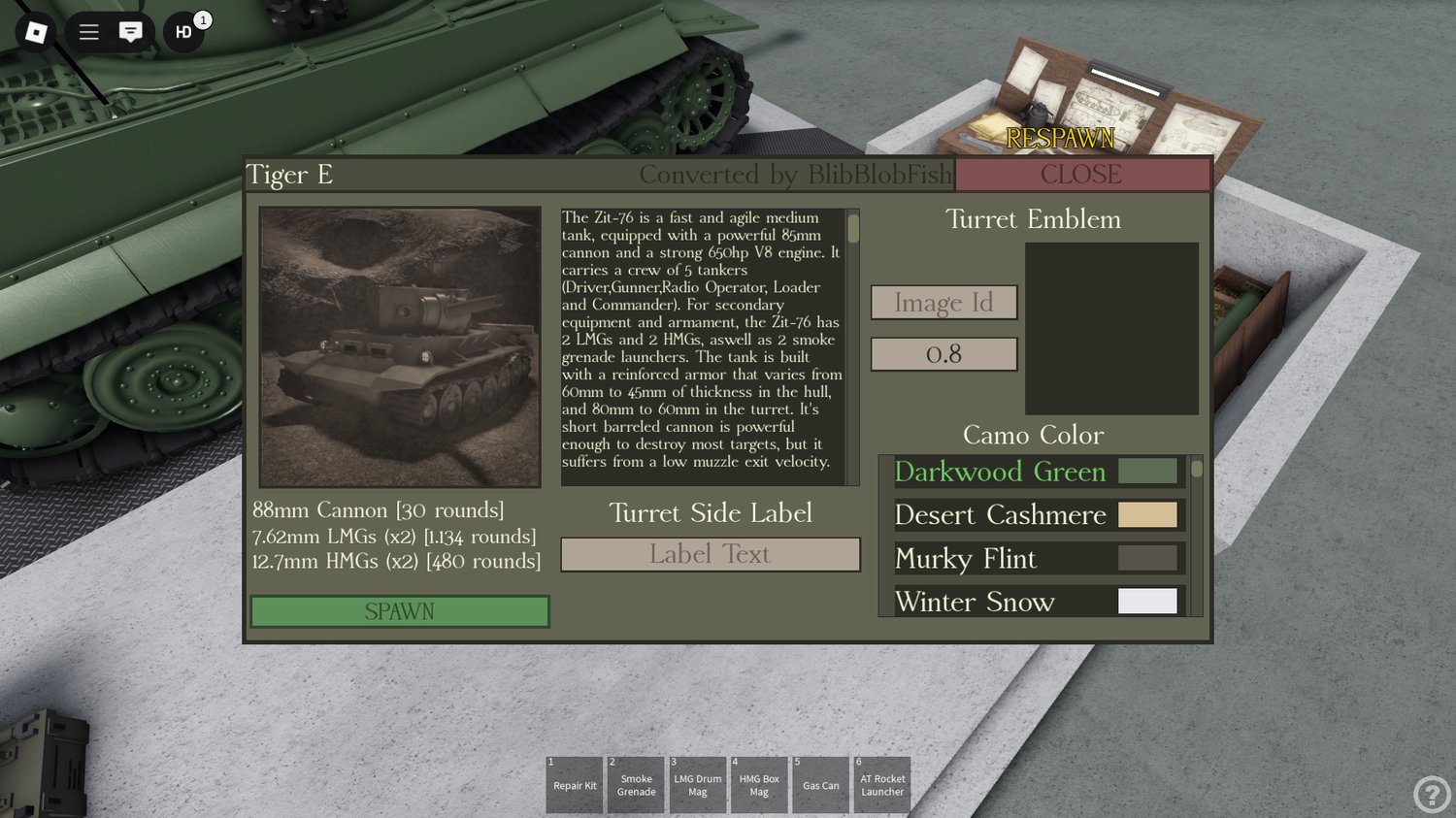 Side view of Tiger E tank with animated cannon