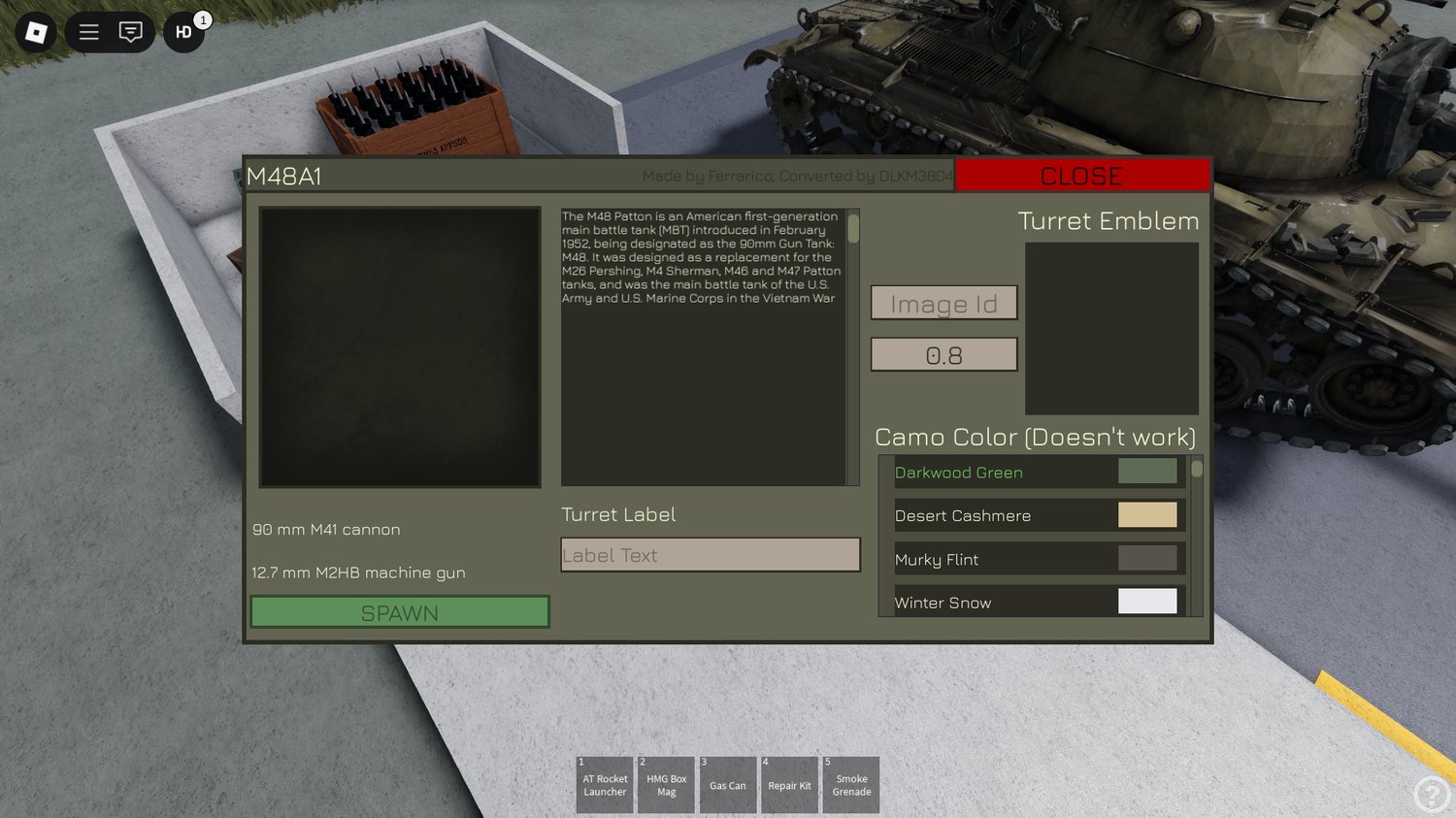 Roblox M48A1 tank driving through battlefield terrain