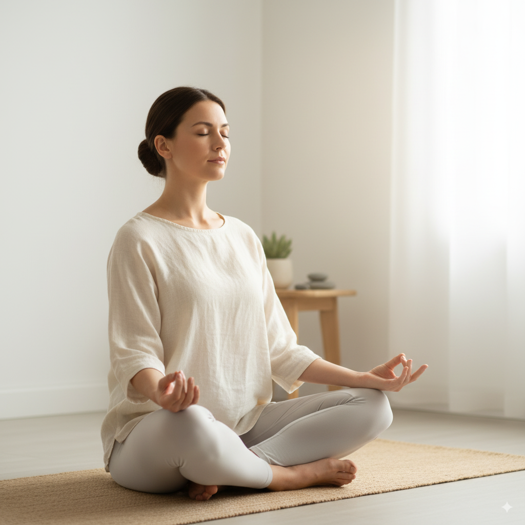 Frau übt Resonanzatmung auf einer Yogamatte – Atemtechnik für innere Ruhe und weniger Stress.