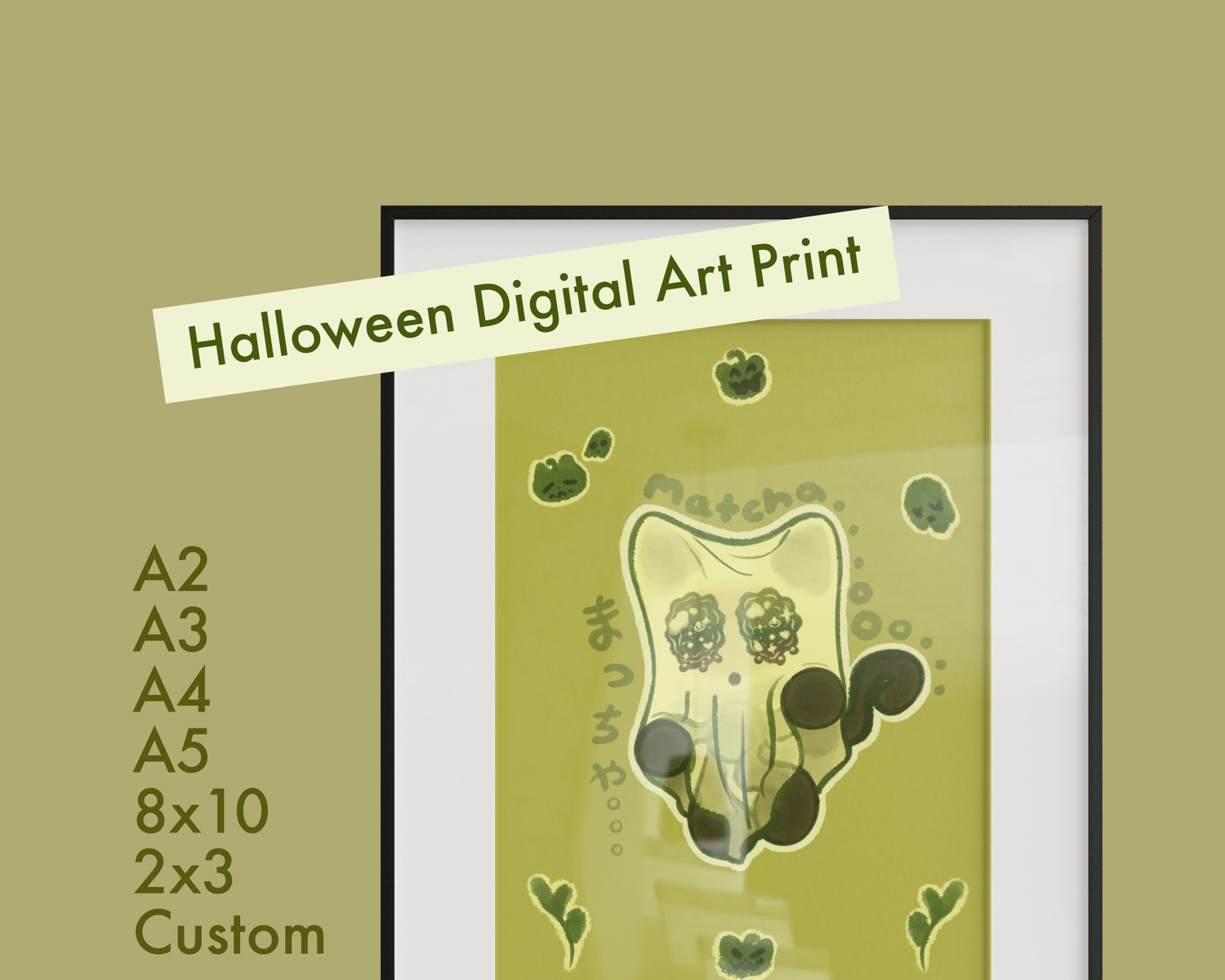 A wall art piece of a dark brown/black cat with a white bedsheet over its head, giving it the appearance of a sheet ghost. There are cartoonish, green cat pumpkins, ghosts and matcha tea leaves surrounding the cat. Decorative text in the illustration read