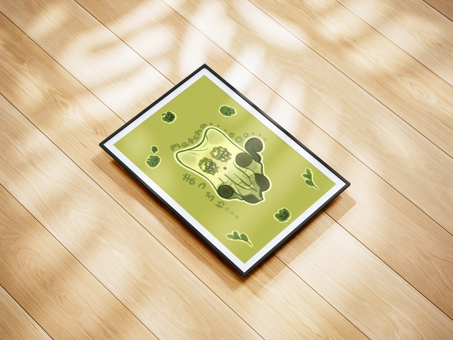 A wall art piece of a dark brown/black cat with a white bedsheet over its head, giving it the appearance of a sheet ghost. There are cartoonish, green cat pumpkins, ghosts and matcha tea leaves surrounding the cat. Decorative text in the illustration read