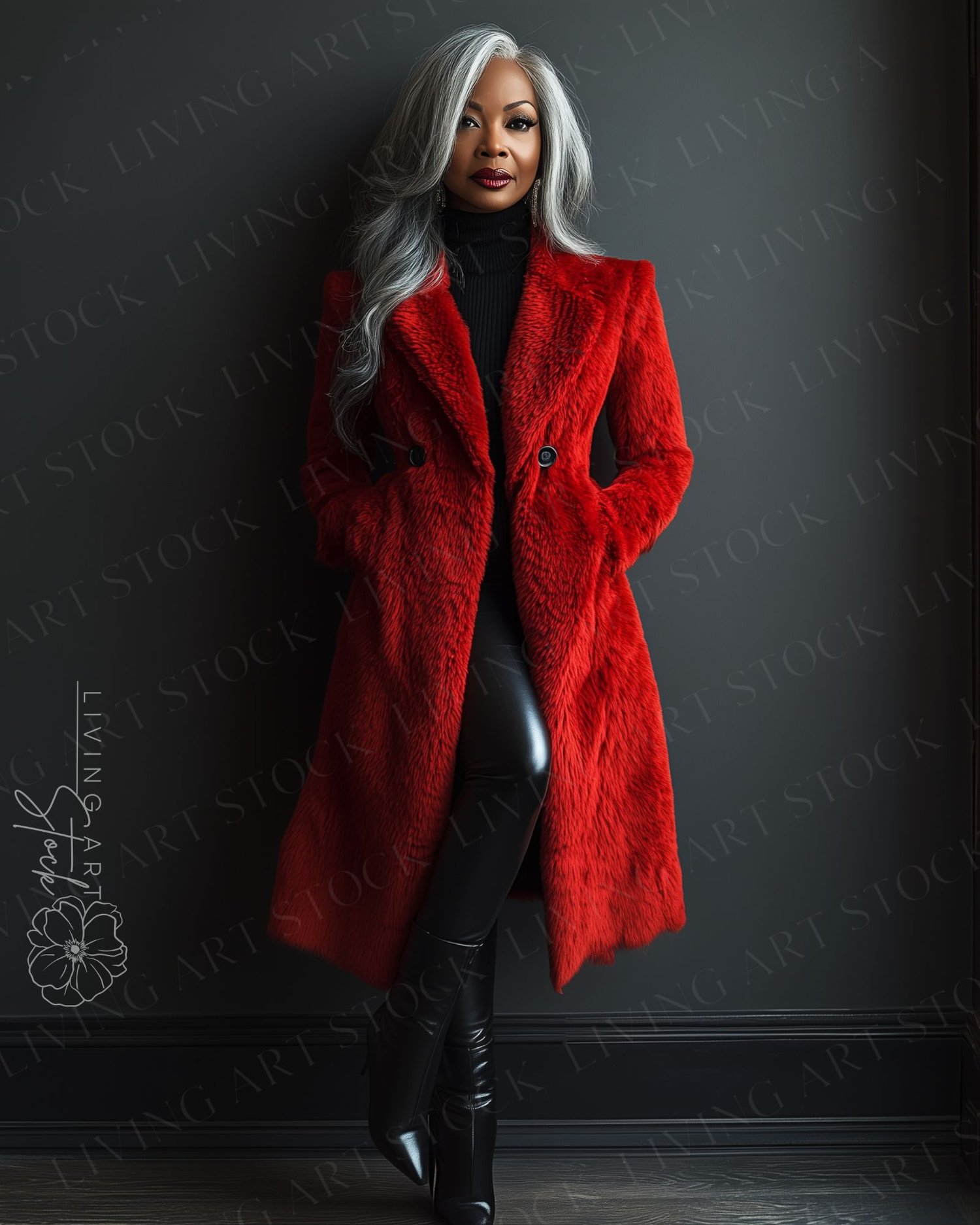 Beautiful Middle Aged Black Woman with White Hair Wearing Red Faux Fur Winter Duster Coat, Leather Pants and Ankle Boots