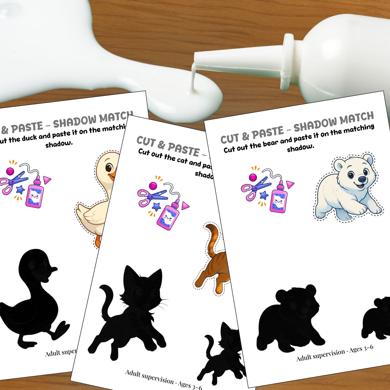Cut and paste animal shadow matching worksheets for kids with ink-friendly designs, printable PDF activities for fine motor practice.