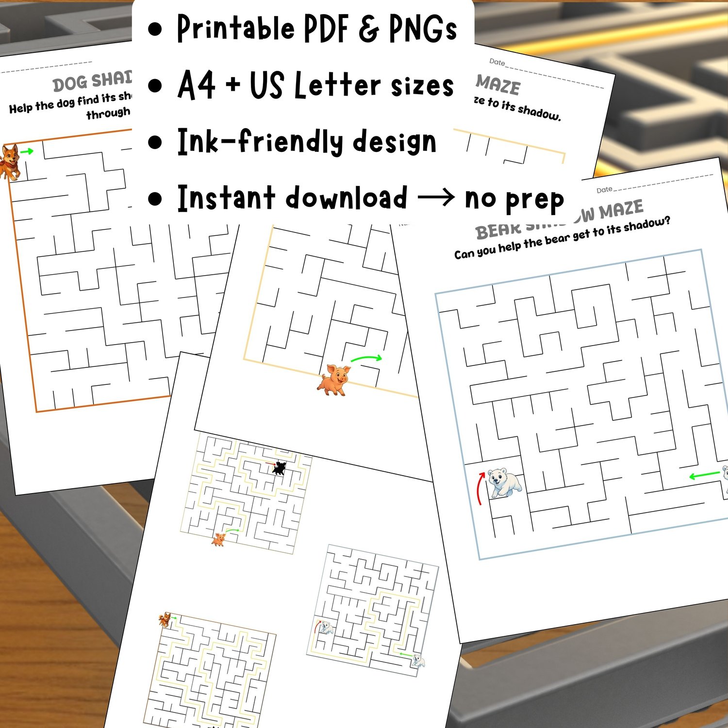 Shadow matching activity pack in PDF and PNG, A4 and US Letter sizes, ink-friendly design, instant download for preschool and kindergarten.
