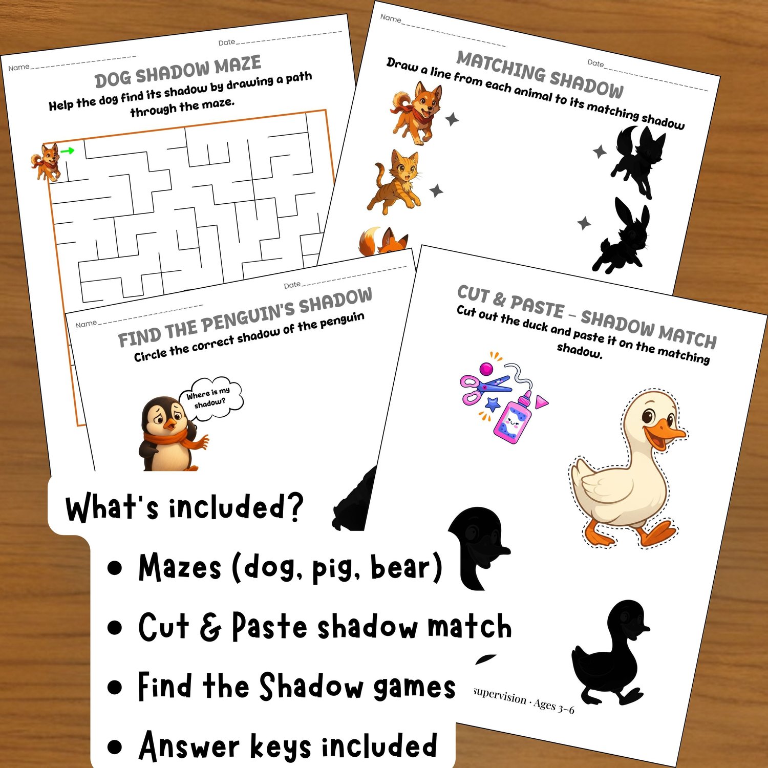 Printable animal shadow matching worksheets for kids with mazes, cut and paste activities, find the shadow games, and answer keys.
