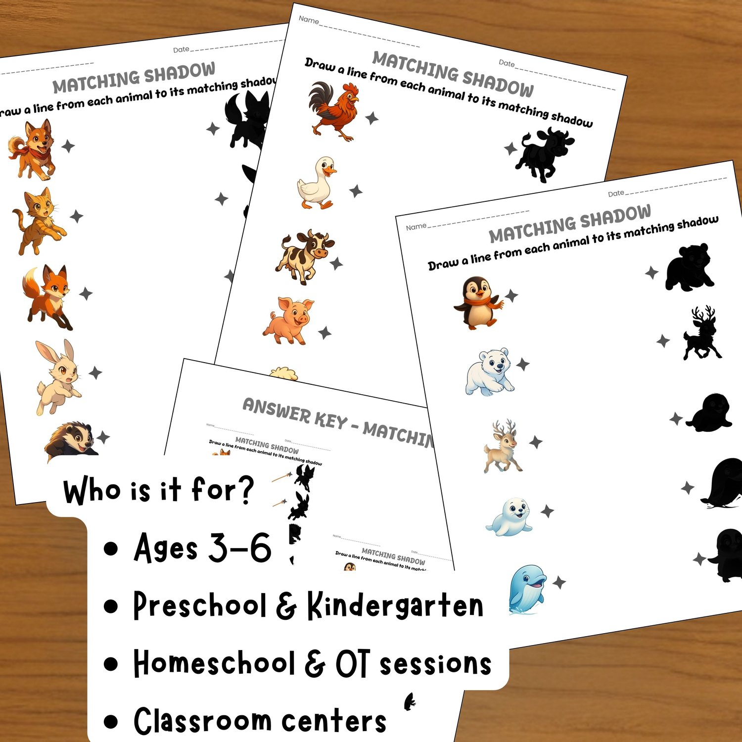 Animal shadow matching worksheets bundle showing preschool activities for ages 3–6, homeschool, OT sessions, and classroom centers.