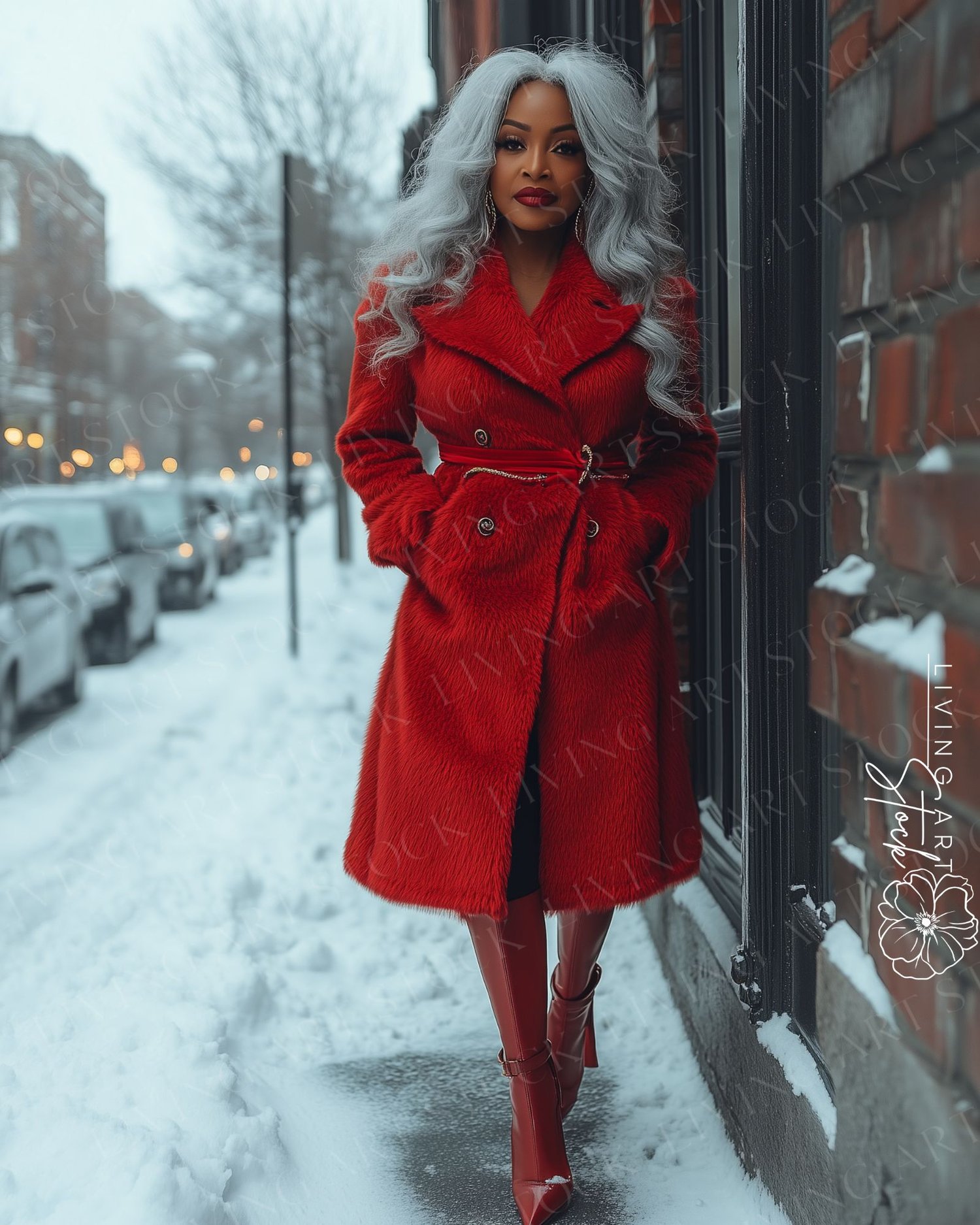 Beautiful Middle Aged Black Woman with White Curls Wearing Red Faux Fur Winter Coat and Red Knee High Boots, Standing on a Snow Covered Sidewalk