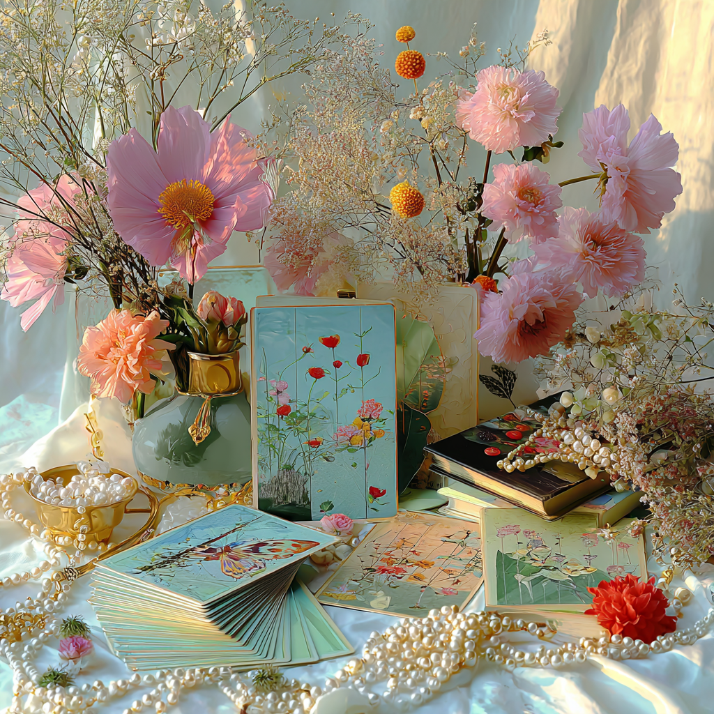 Oráculo ilustrado con cartas florales sobre fondo místico con perlas y flores. Herramienta intuitiva para mensajes del alma.
