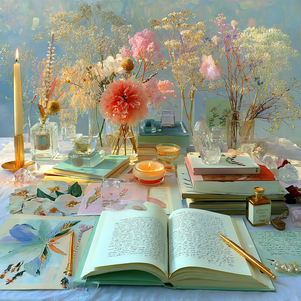 Journal abierto con escritura manuscrita rodeado de flores, velas, cristales y cuadernos. Un altar de escritura poética y ritual para explorar el alma a través de palabras.
