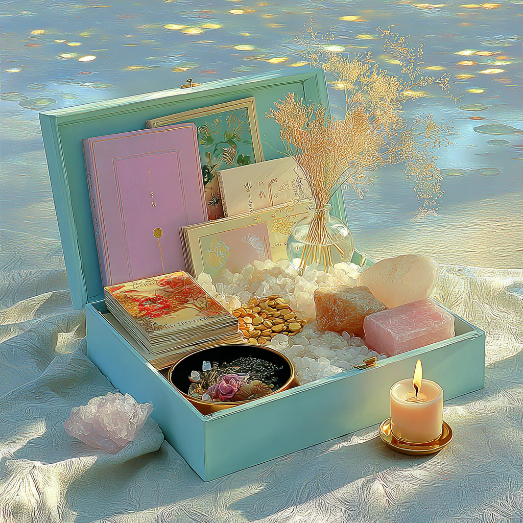 Caja ritual turquesa abierta con journals, cartas, cristales y vela encendida. Encuentro simbólico de herramientas mágicas para el alma.