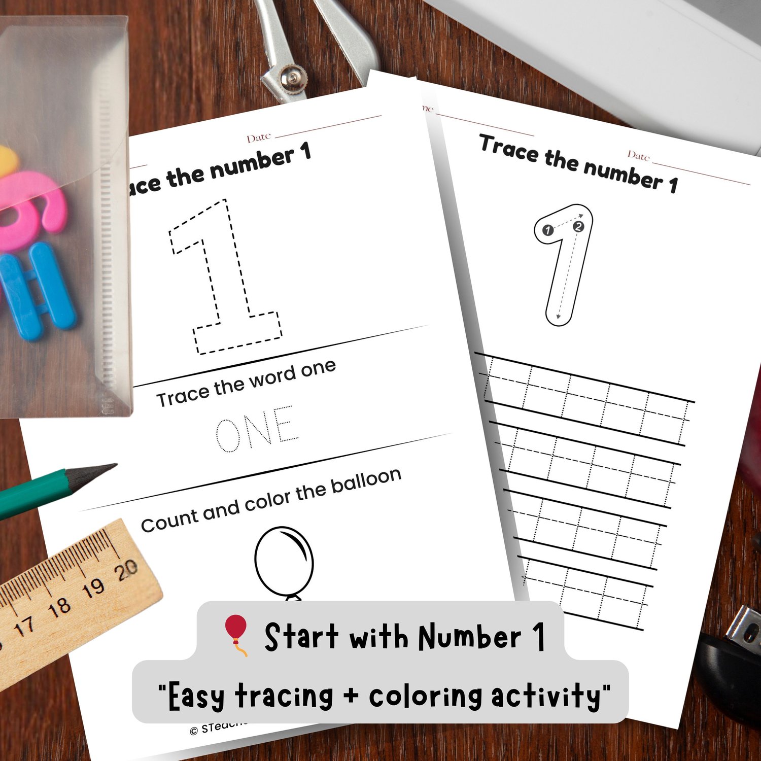 Number 1 worksheet set with tracing, word writing, and a count-and-color balloon activity.