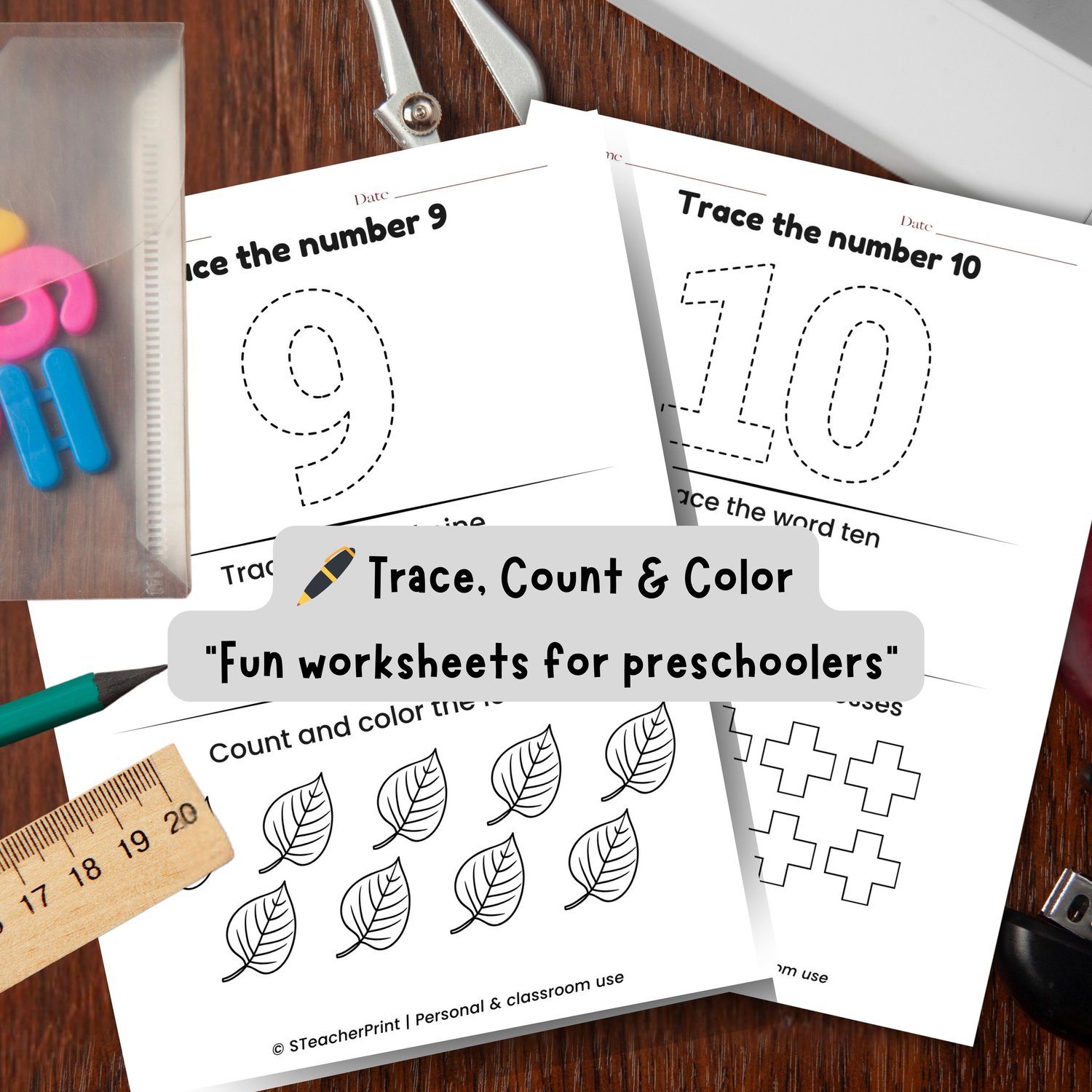 Tracing worksheets for numbers 9 and 10 with activities to trace the word and count and color leaves and crosses.