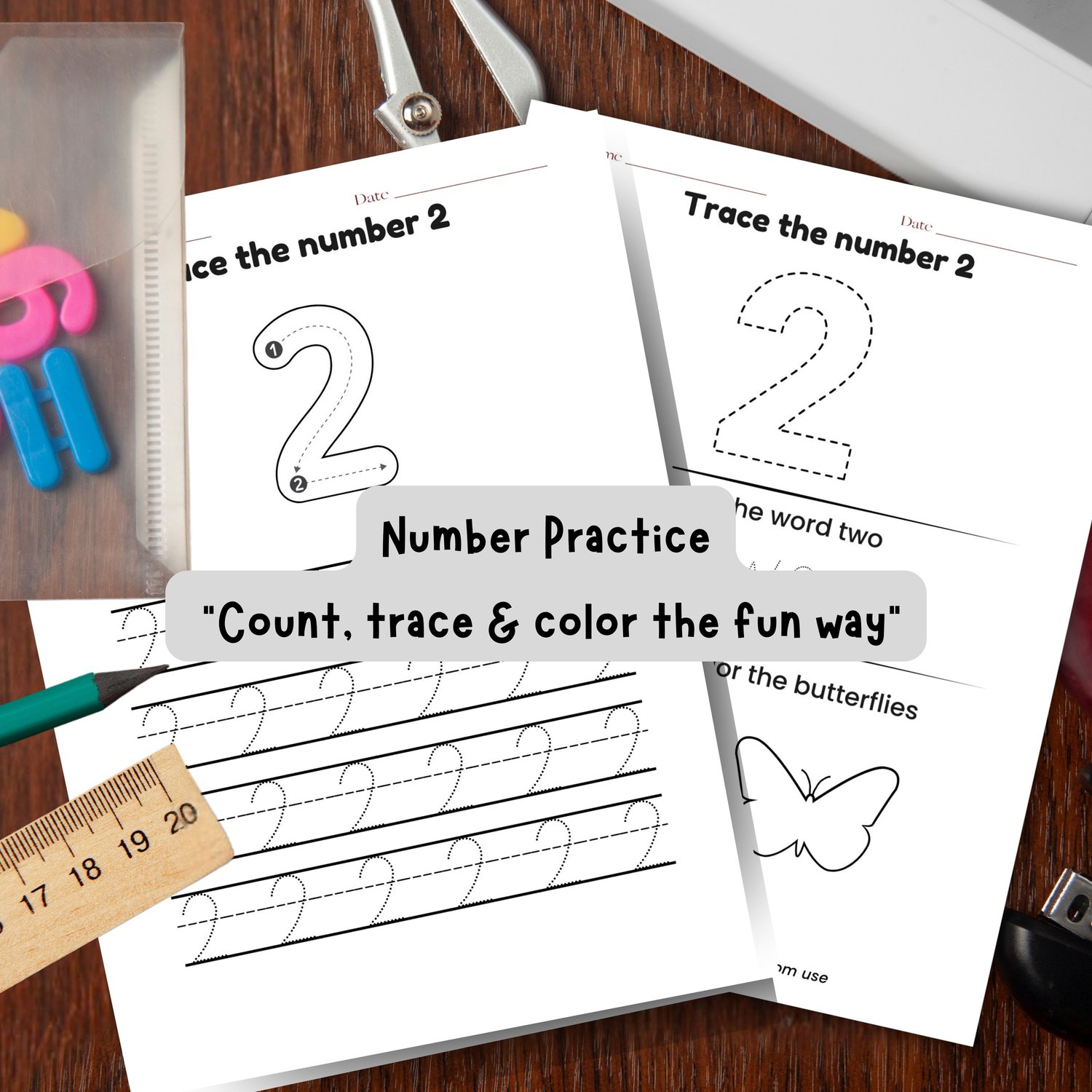 Number 2 worksheets with tracing practice and a count-and-color activity featuring butterflies.
