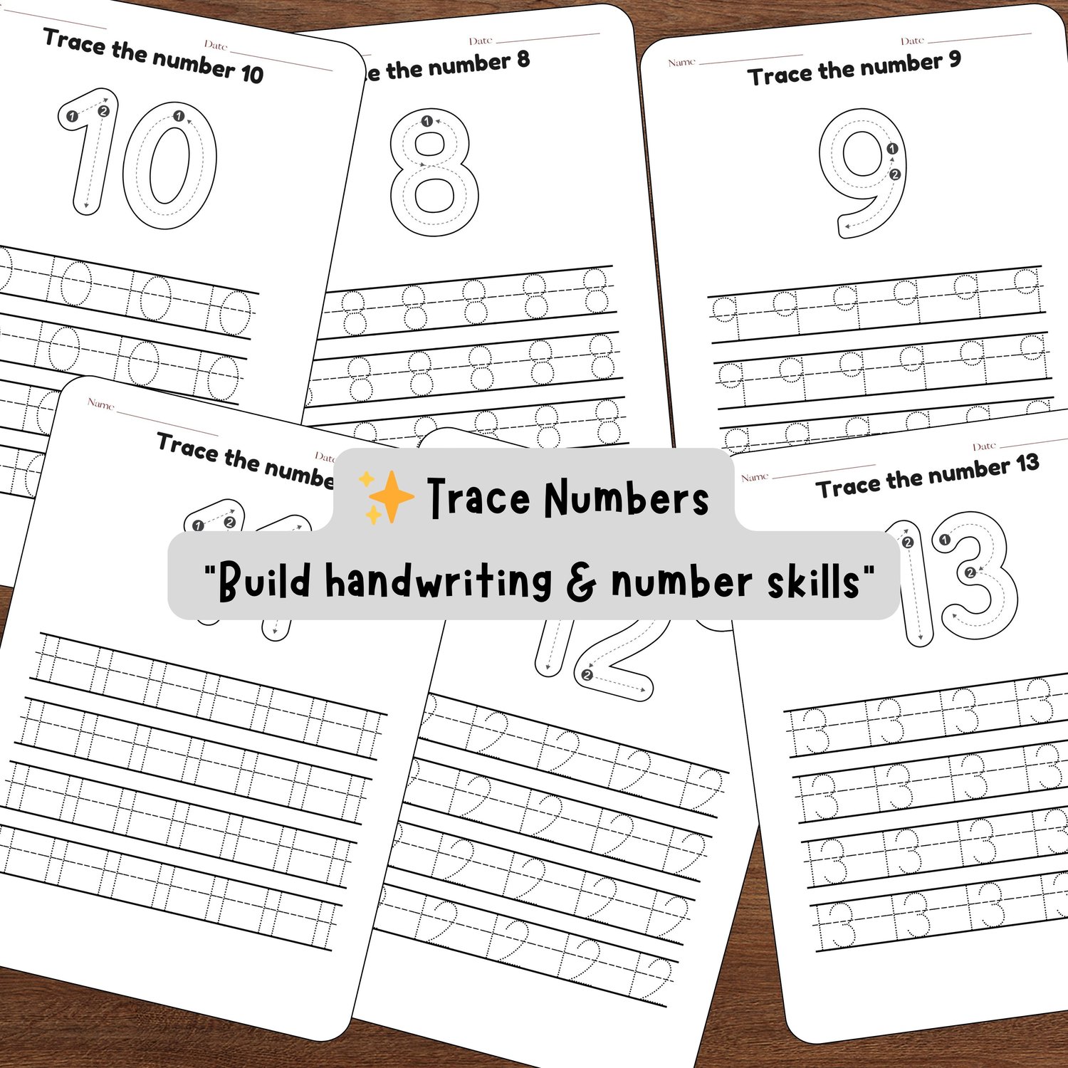 Printable worksheets for tracing numbers 8–13 with guided lines to practice handwriting skills.