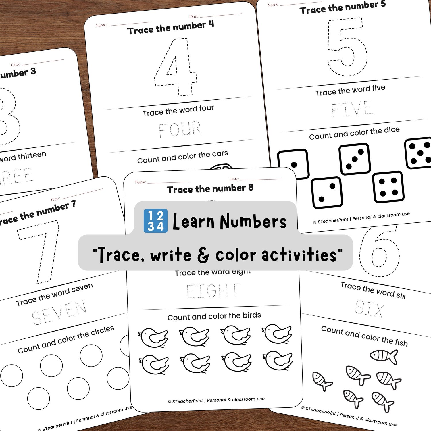 Number worksheets 3–8 with tracing, word writing, and count-and-color activities using objects.