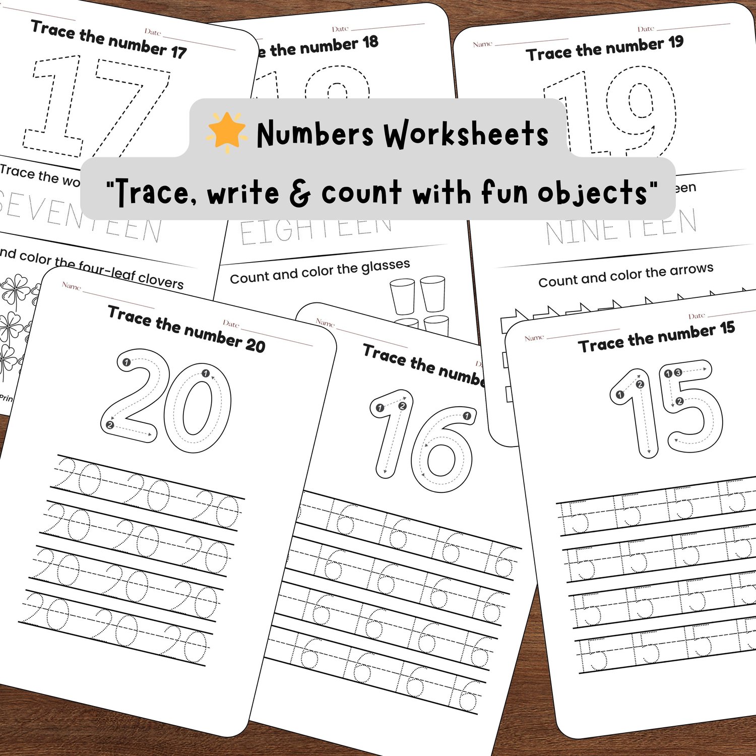 Worksheets for numbers 15–20 with tracing, word writing, and count-and-color activities.