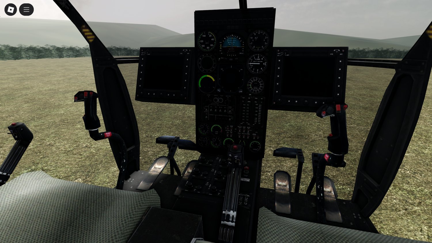 AH-6 helicopter hovering over a combat zone