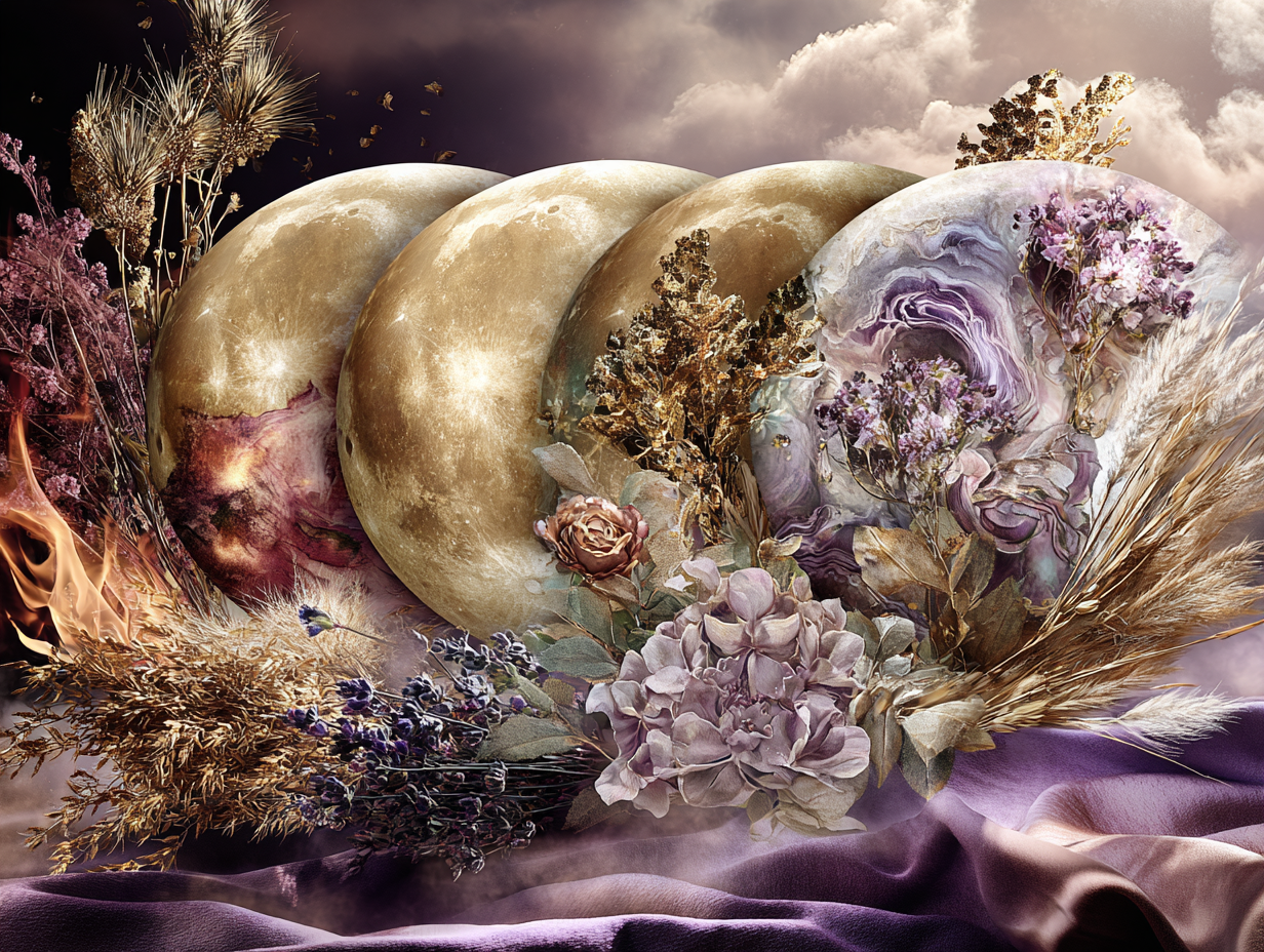 Ilustración artística de las cuatro fases de la luna, rodeadas de flores, espigas y tonos violetas y dorados.