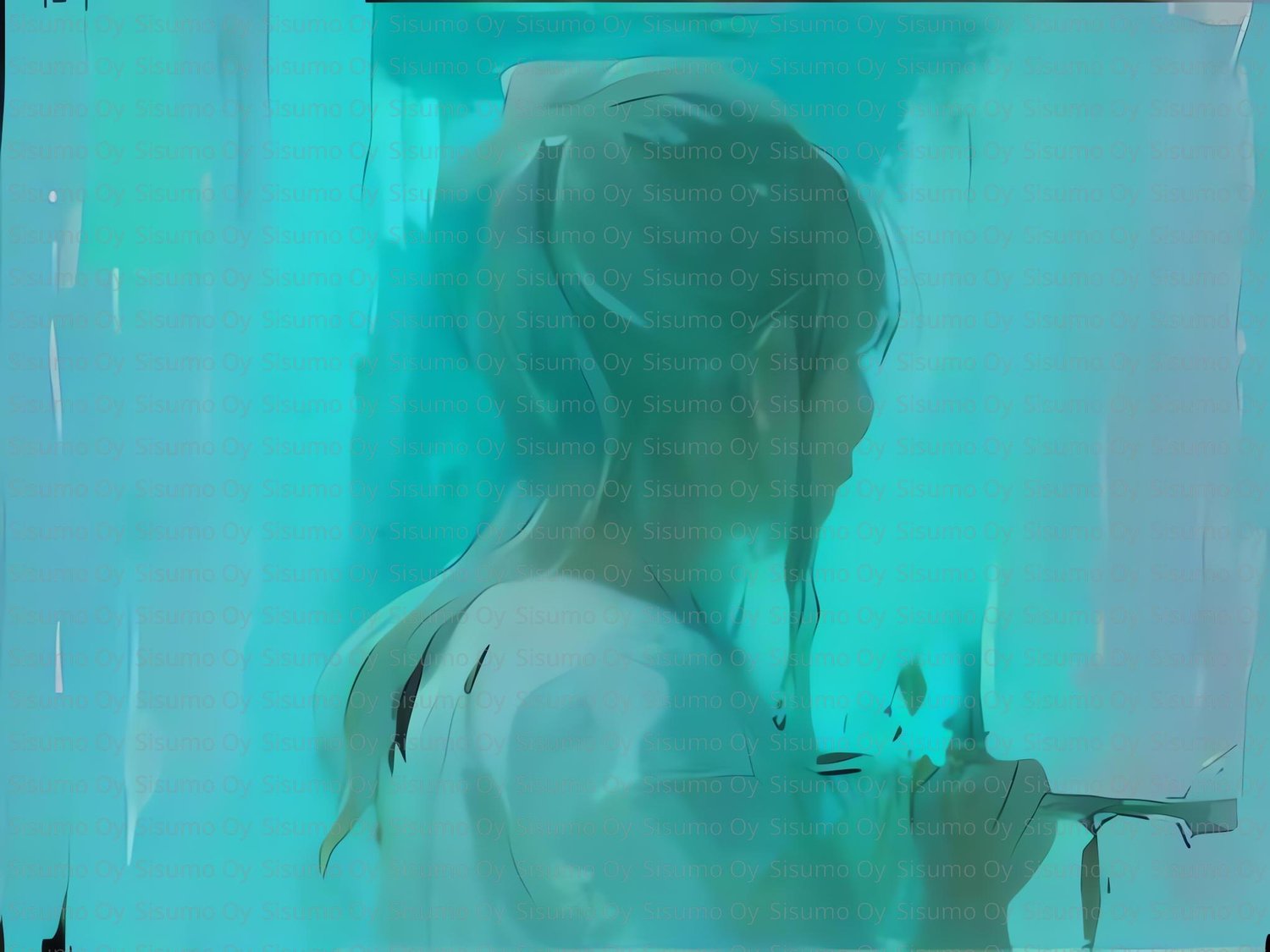 Dreamy digital painting of a young girl with light blonde hair tied in a loose ponytail, viewed from behind in soft focus. She appears to be standing by a misty turquoise and teal background, gently holding a brush or tool as if painting or writing on a g