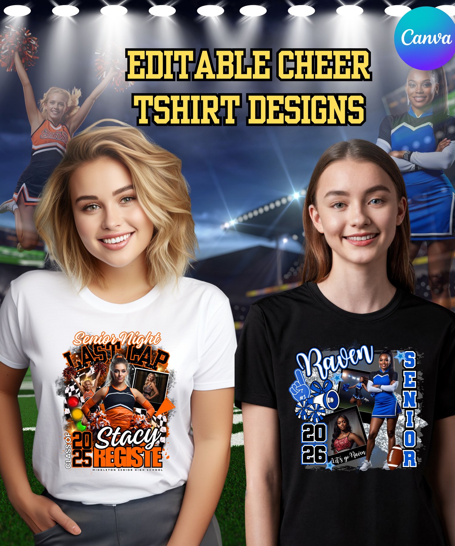 canva template  editable template  editable sports design  sports t shirt design  sports graphics  digital design bundle  custom sports merch  pop out effect cheer design  cheerleading design  cheer template  cheer shirt design  cheer senior night  senior