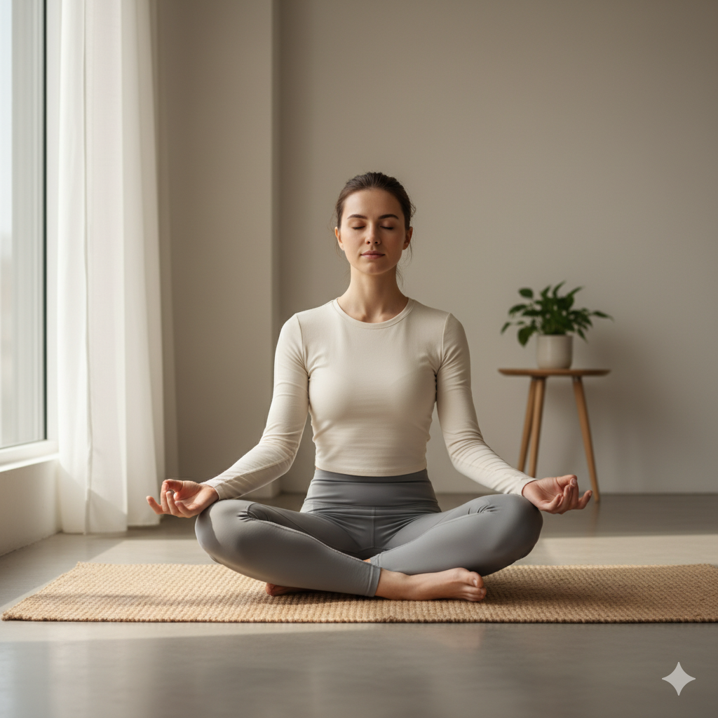 Frau praktiziert Box Breathing – Atemtechnik gegen Stress.