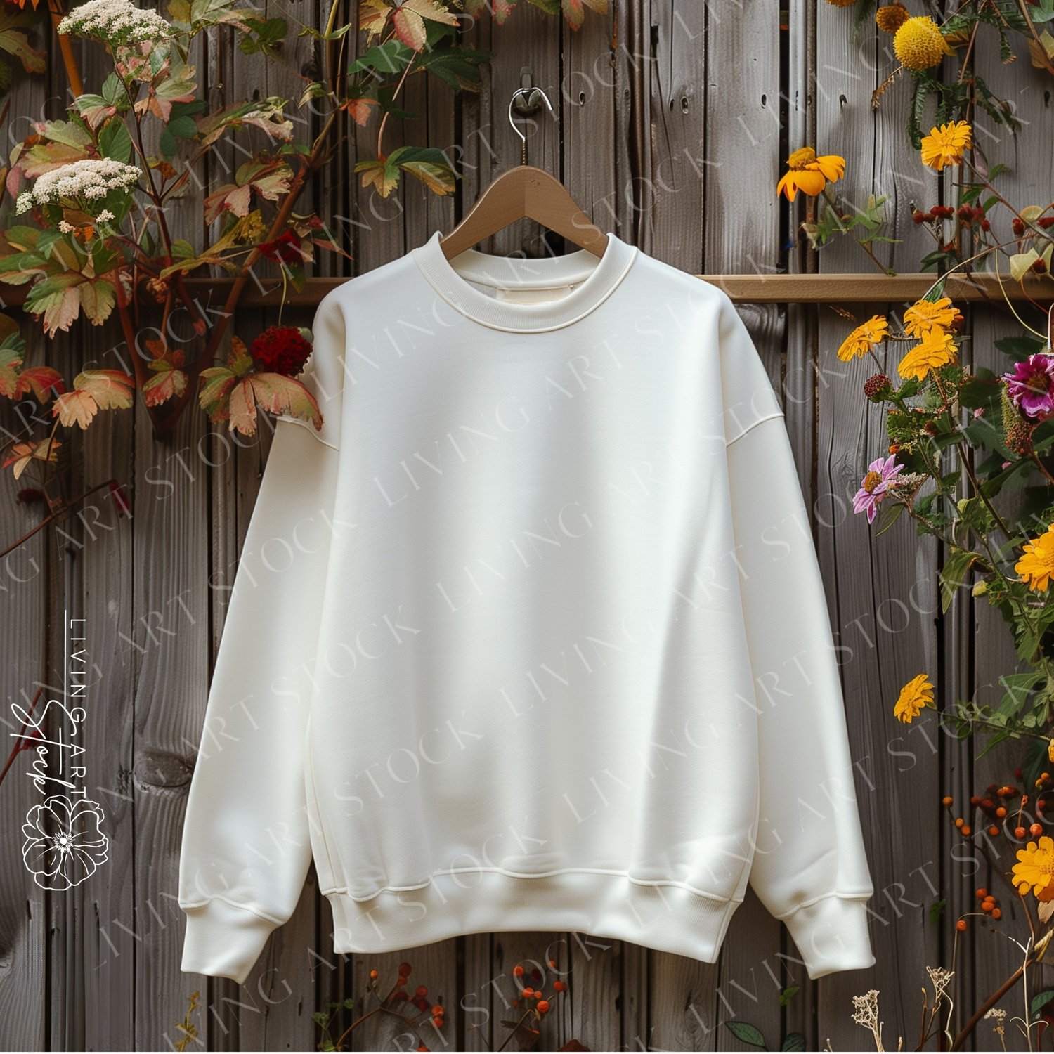 Eggshell Blank Sweatshirt Hanging from Wooden Hanger with Wood Background Surrounded by Flowers, Sweatshirt Mockups