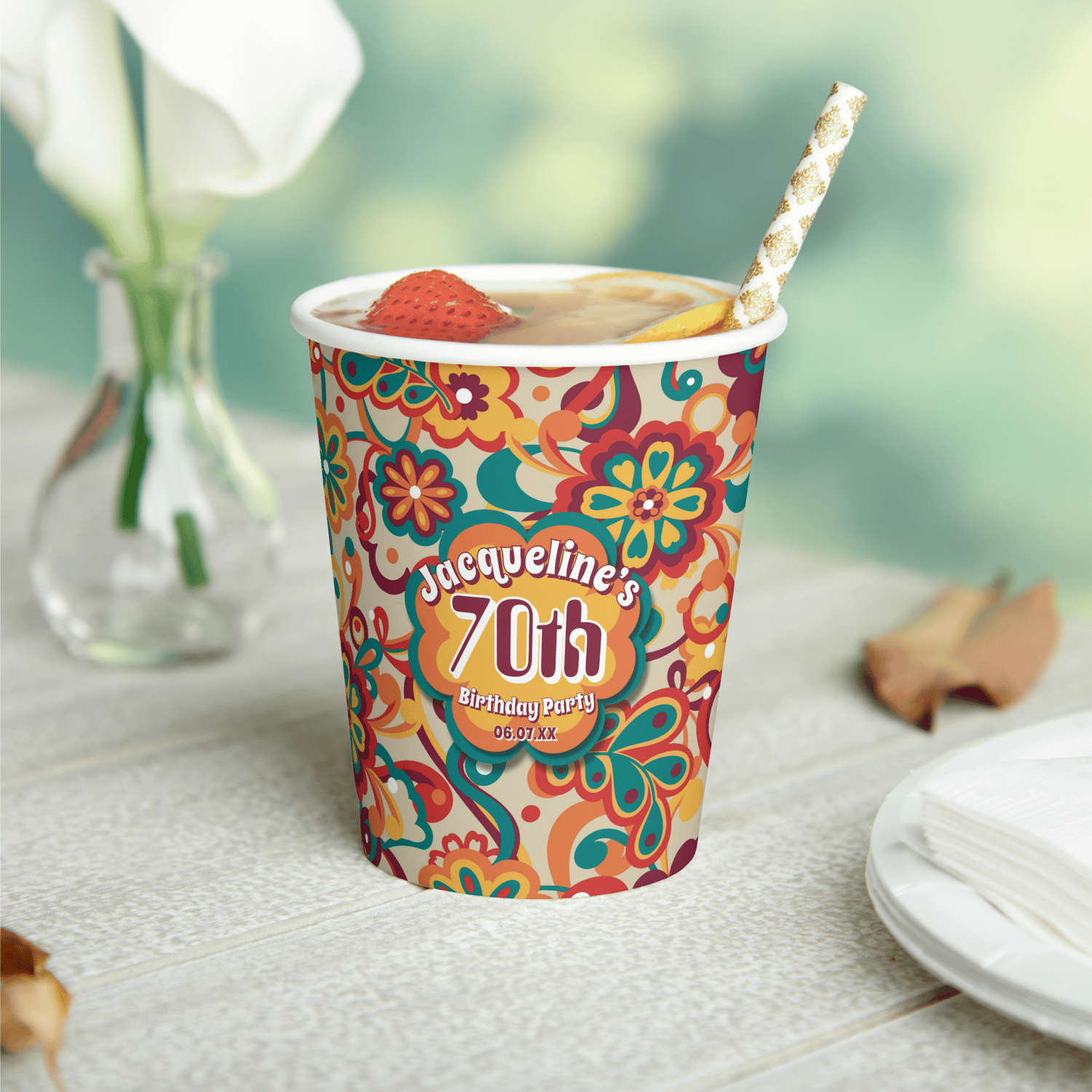 Groovy 60s 70s Psychedelic Floral Birthday Paper Cups