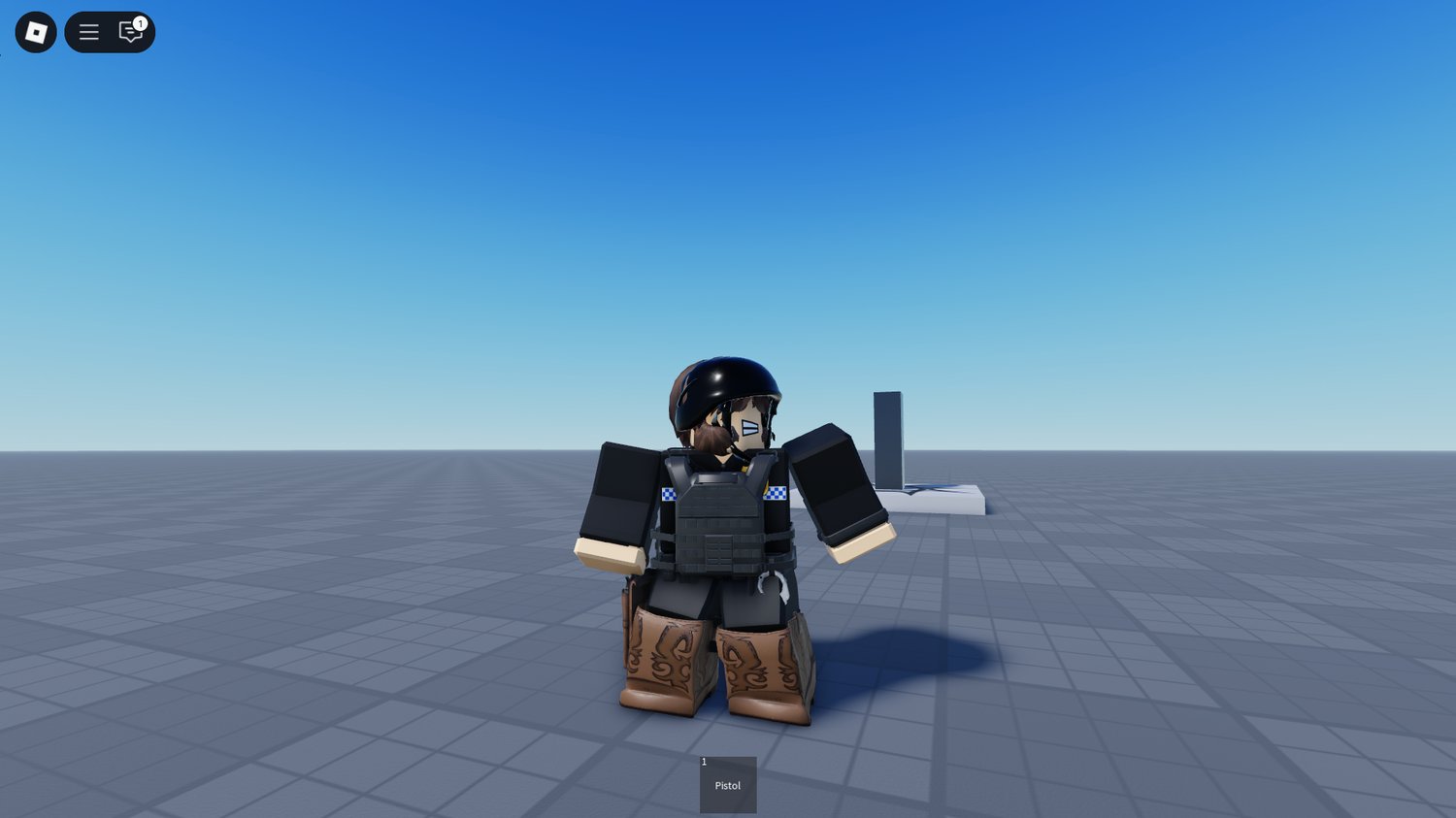 Military roleplay character selecting weapons from closet